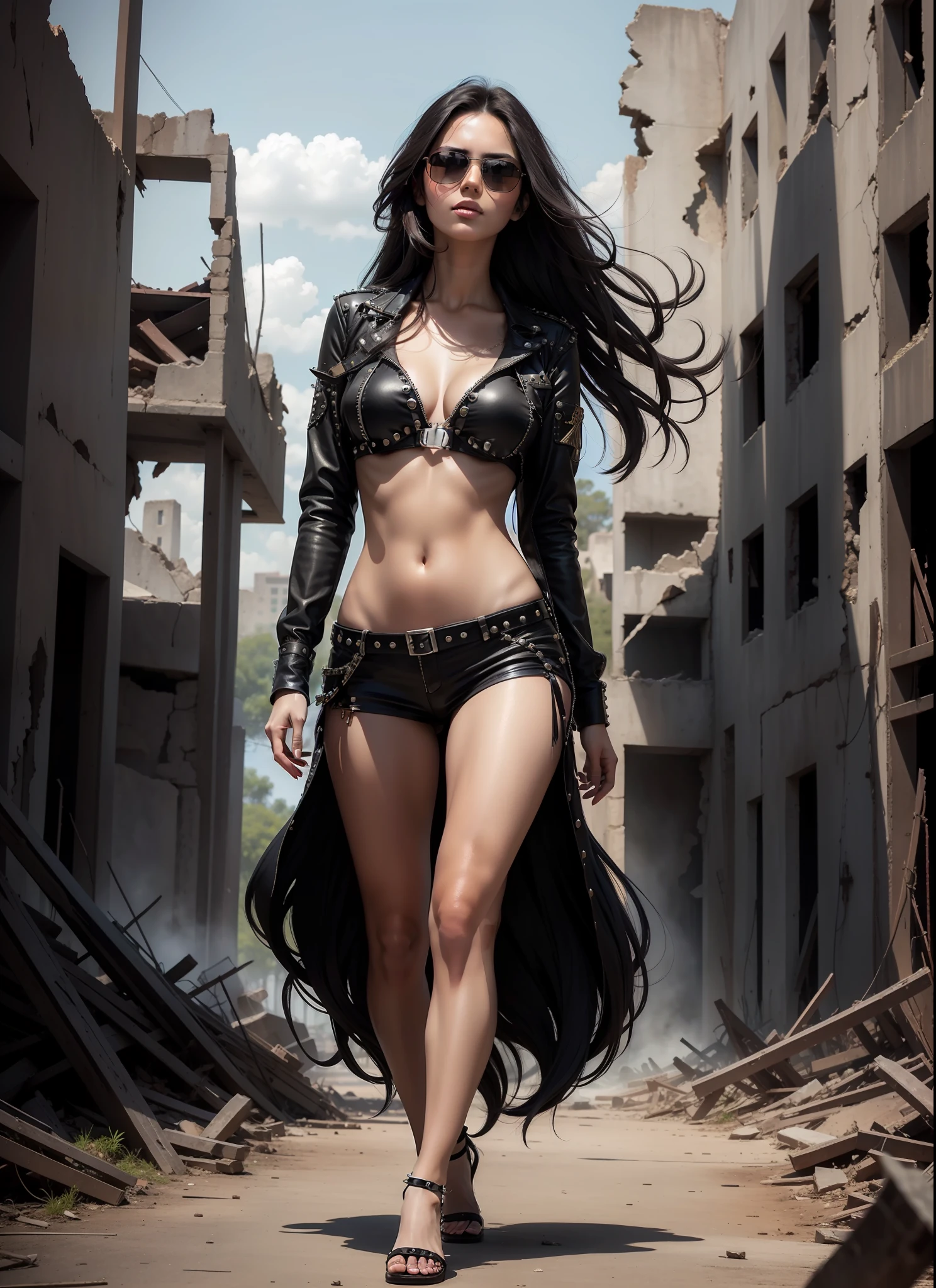 Beautiful woman, medium dark long hair, big chest. black sunglasses, black clothes, rivets, bikini, just one person, walking, in the ruins