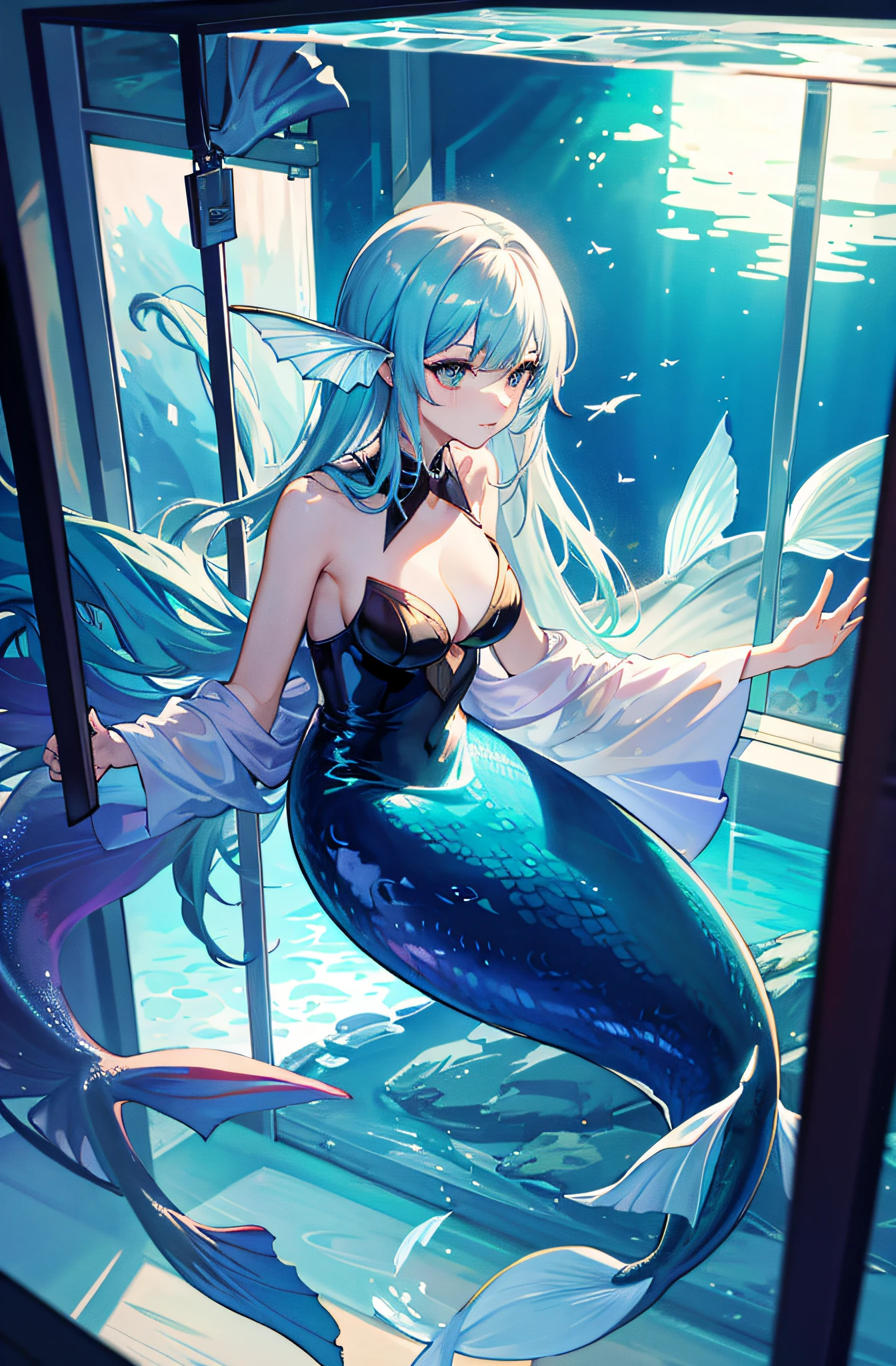1 mermaid, beautiful tail, locked in a fish tank, full breasts, revealing side breasts