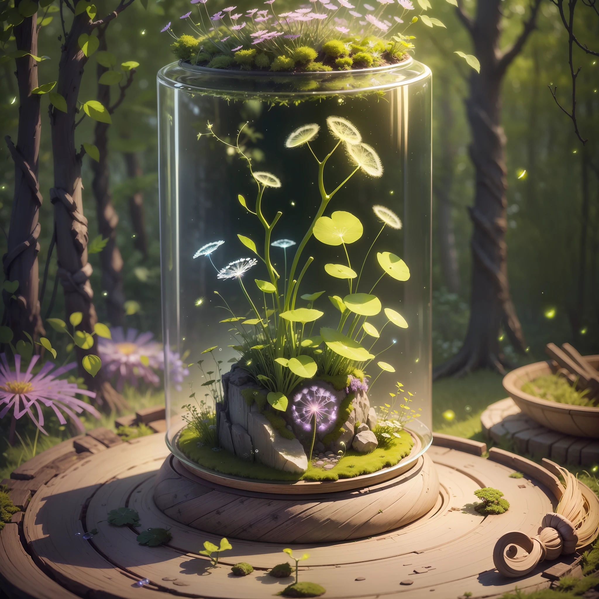 Computer Visualized Graphics, Realistic Fantasy, Extensive Landscape Ultrasound Photography (general view showing glass glass, roots braiding glass, dandelion garden, snags, moss, fireflies, elf), blurred background, gloomy, yellow, green, purple background, pink, warm, magic --auto --s2