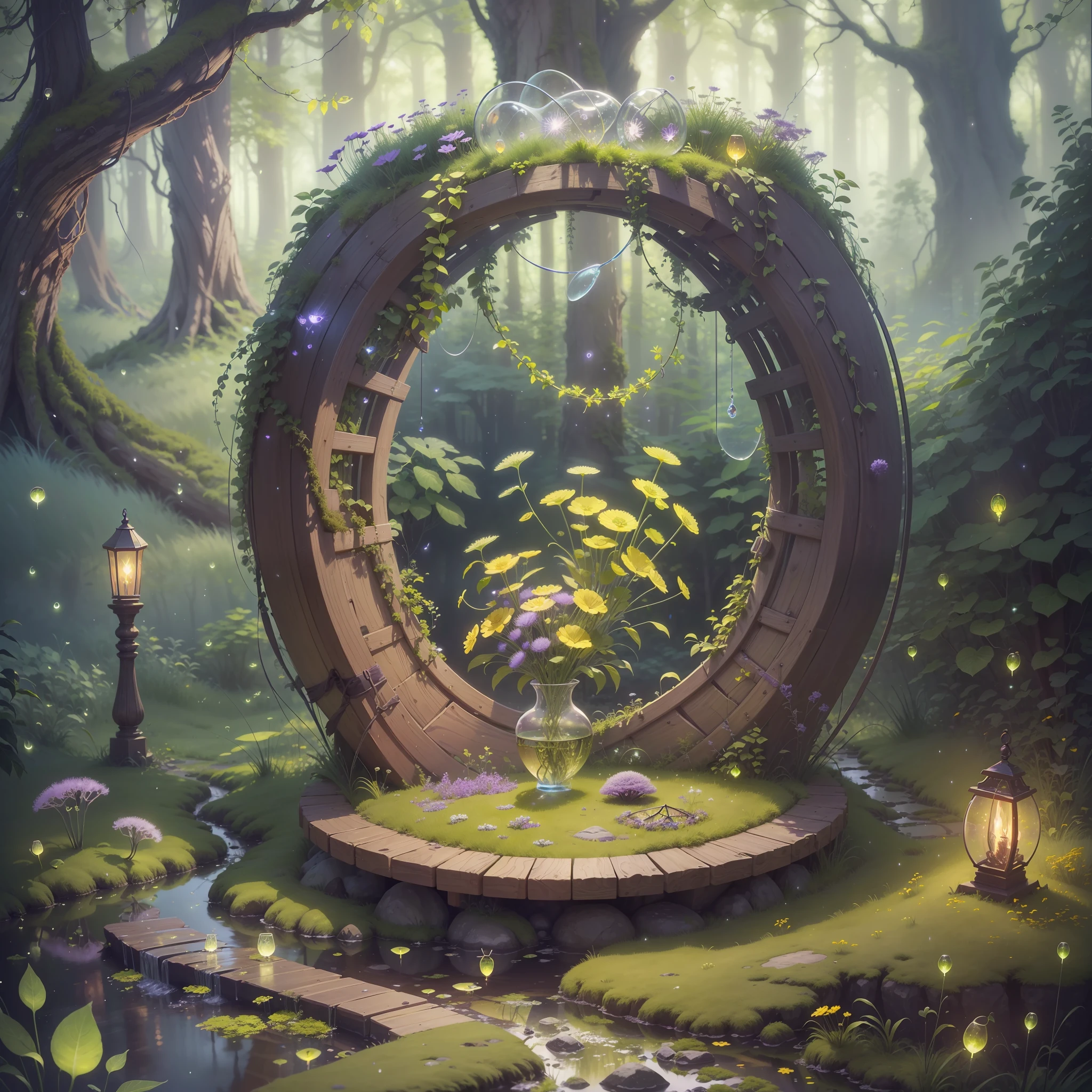 Computer Visualized Graphics, Realistic Fantasy, Extensive Landscape Ultrasound Photography (general view showing glass glass, roots braiding glass, dandelion garden, snags, moss, fireflies, elf), blurred background, gloomy, yellow, green, purple background, pink, warm, magic --auto --s2