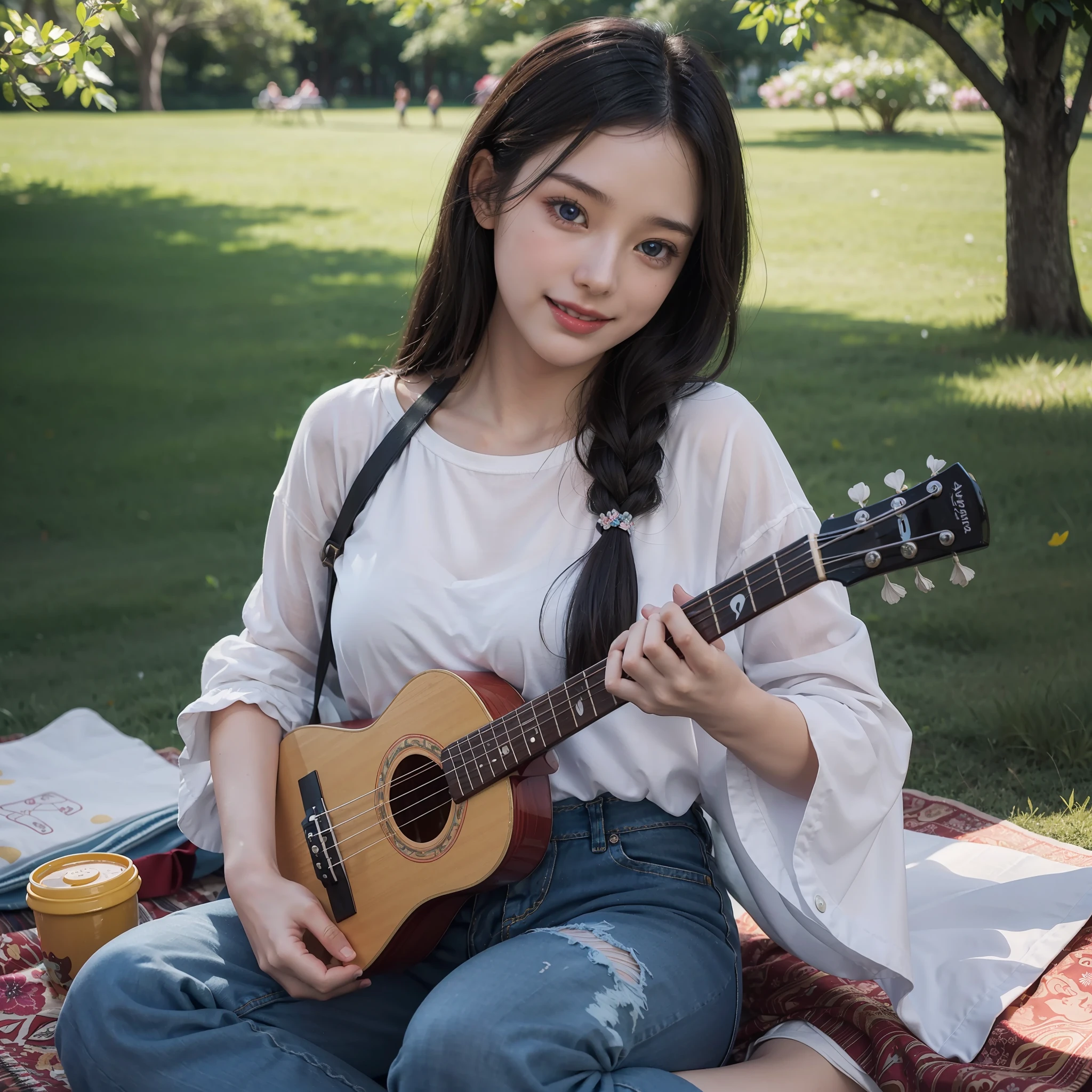 an image of a picturesque park scene where a radiant young woman is seated on a cozy picnic blanket, strumming her ukulele with finesse. Surrounding her, an array of vibrant blossoms bloom, dotting the landscape with bursts of color. Delicate butterflies gracefully flutter overhead, forming a whimsical dance around her. The sun shines brilliantly, casting a warm glow on her face and illuminating the entire park. Capture the serene ambiance and the girl's sheer joy as she immerses herself in music, nature, and the simple pleasures of a sunny day, wearing white T-shirt and long sleeves Jeans shirt, blue jeans pant, dark red long messy hair((2.0)), her hair is scattered in the air, cute blue eyes((1.5)), attractive red lips((1.2)), surrealistic digital artwork, hyper detailed hands and fingers, starring at the ukulele, smiling, hyper focused medium angel shot, extremely detailed ukulele, luminous, volumetric and holographic lighting effects, colourful butterflies are flying over her head and around her, beautiful flowers