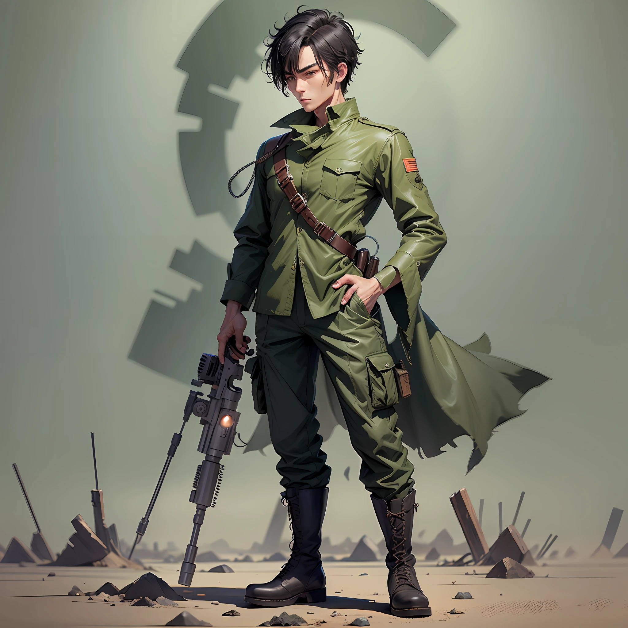 Sniper (man)black haired Green shirt white pants with standing military boots --auto --s2