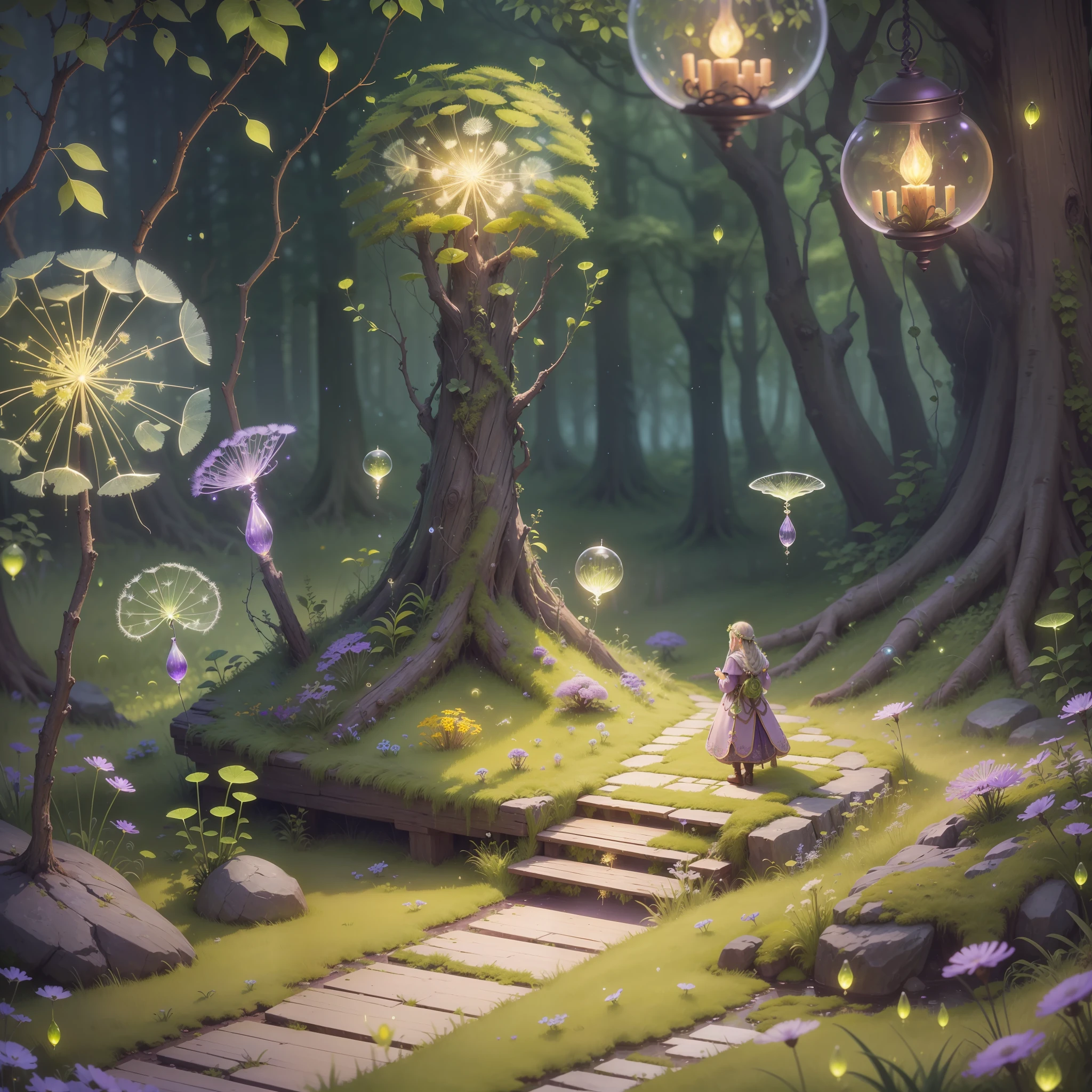 Computer Visualized Graphics, Realistic Fantasy, Extensive Landscape Ultrasound Photography (general view showing glass glass, roots braiding glass, dandelion garden, snags, moss, fireflies, elf), blurred background, gloomy, yellow, green, purple background, pink, warm, magic --auto --s2