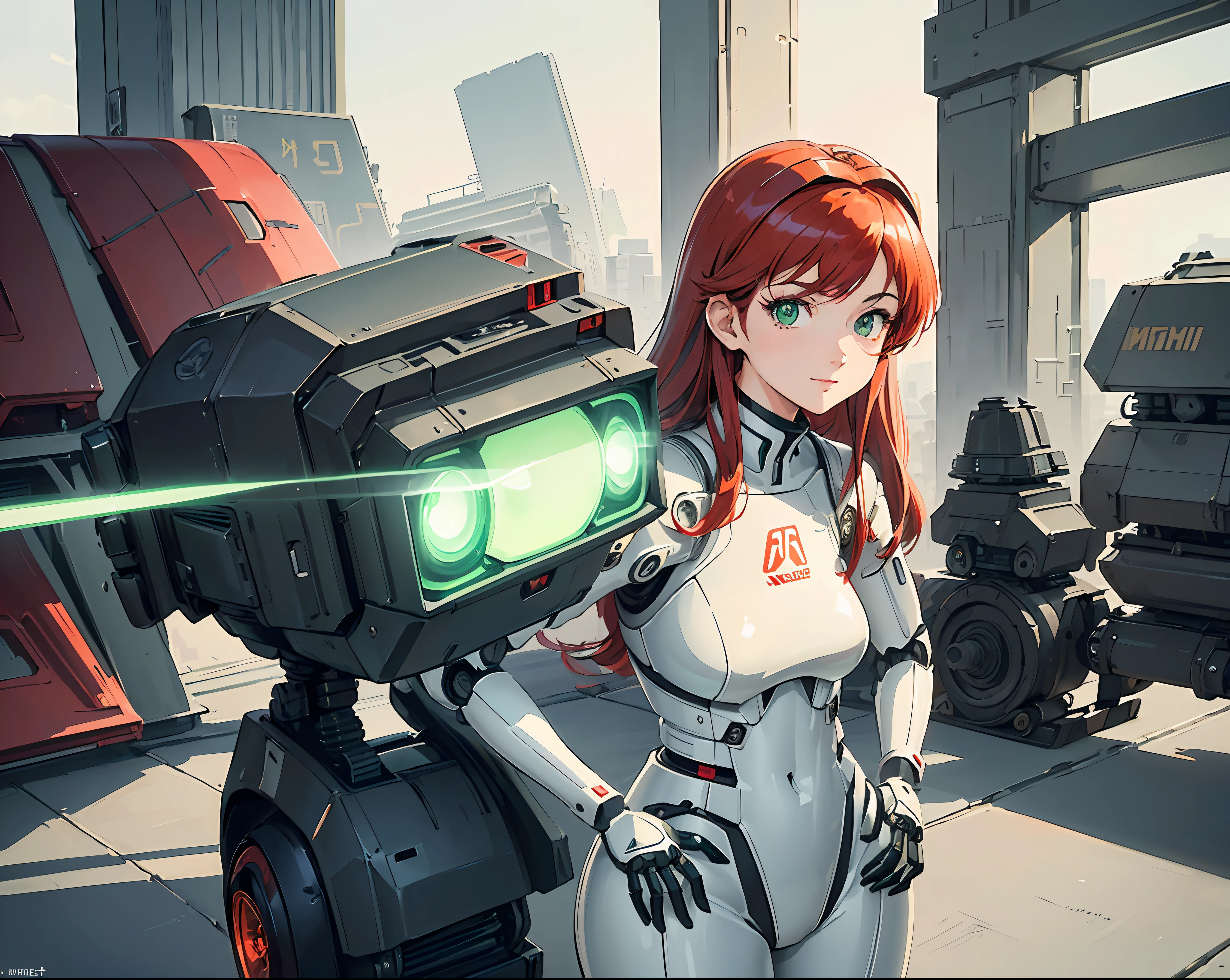 (masterpiece:1.3),(ultra detailed:1.1), (Asian) (solo,1.3),(Light green eyes:1.2), (red hair:1.3),(soft oval face:1.2), (medium ass: 1), (medium thigh: 1.2), (curves: 1.1), (medium breasts: 1.35), light smile, (Evangelion anime outfit, some mecha tech gadgets), (nose blush:0.6), (beautiful ultra detailed eyes, highly detailed skin, shiny and shiny skin:1.1), looking back, background,(futuristic high-tech ship:1.3),(many robots parked in garages:1.4),(incredibly detailed:1,4),close:1.2, upper body, dynamic angle:1.4, looking at the observer, sunlight, professional lighting, (professional lighting, shading: 1.3), (highly detailed background: 1.2)