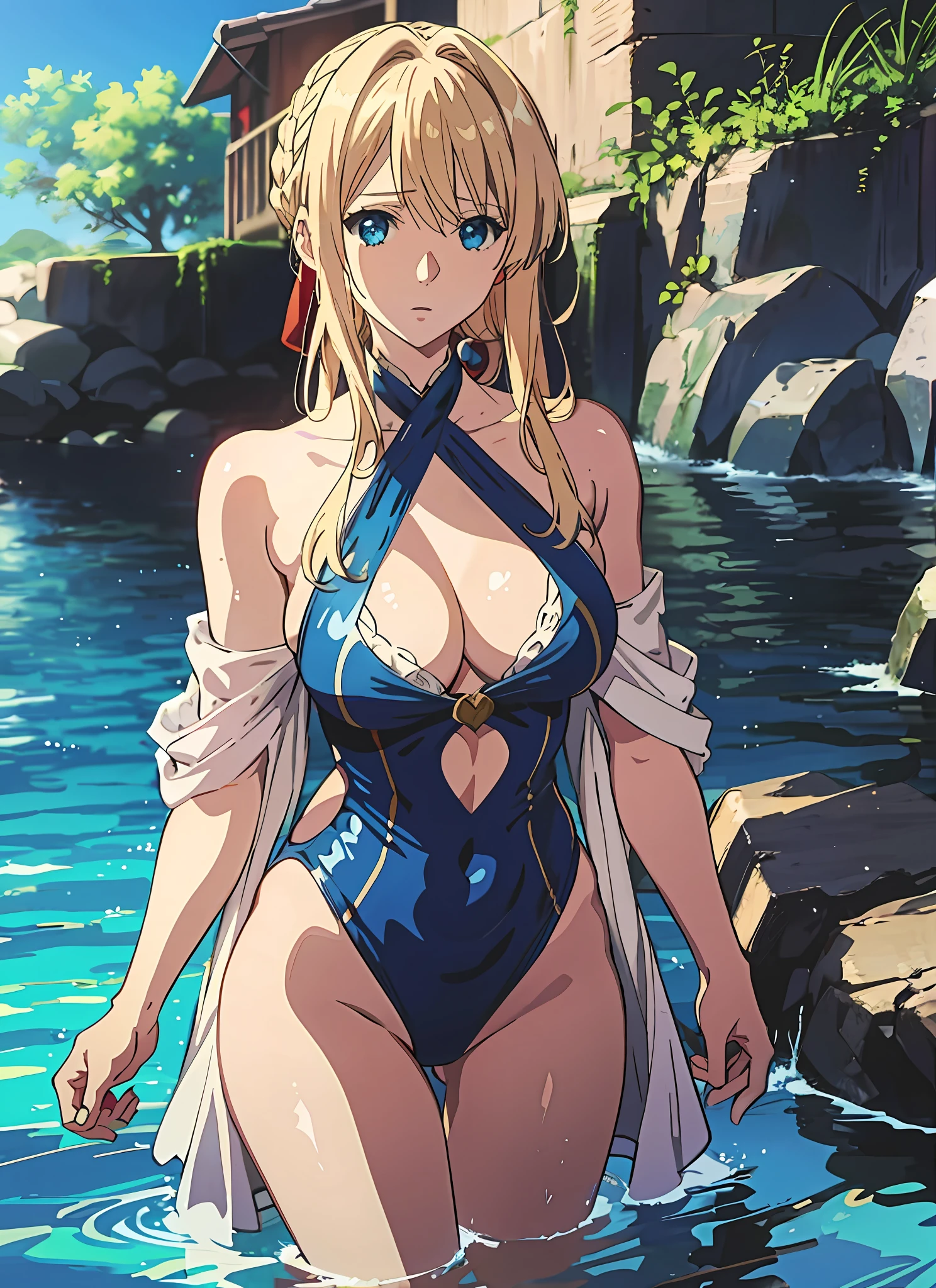 Violet evergarden, one piece swimsuit, blonde, red ribbon, blue eyes