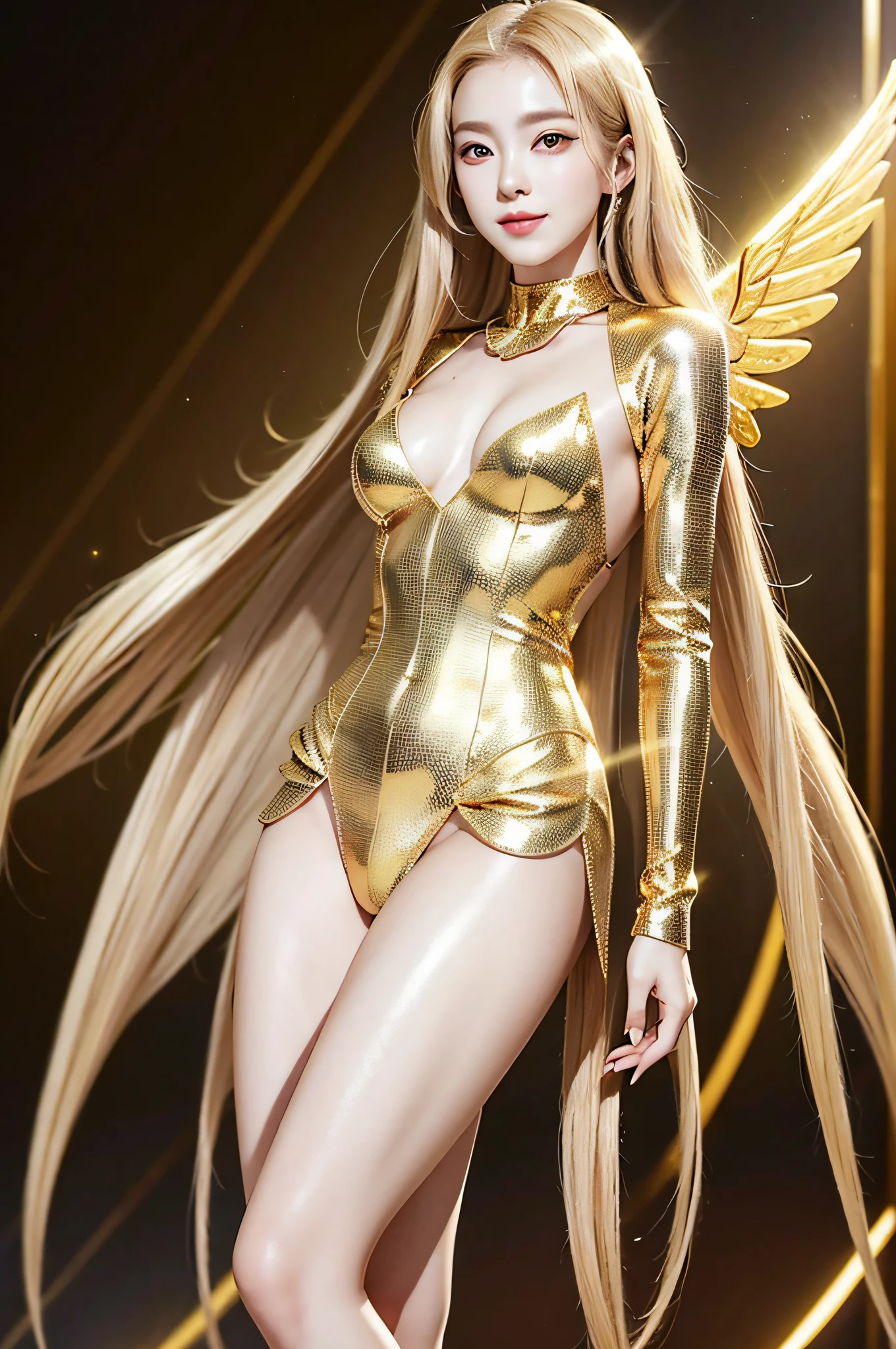 Thin waist, thin legs, golden diamond armor, long blonde hair, golden pupils, golden light background, golden transparent wings, diamond texture, smiling, golden eyes, shimmering notes around, maiden, golden starlight, dazzling