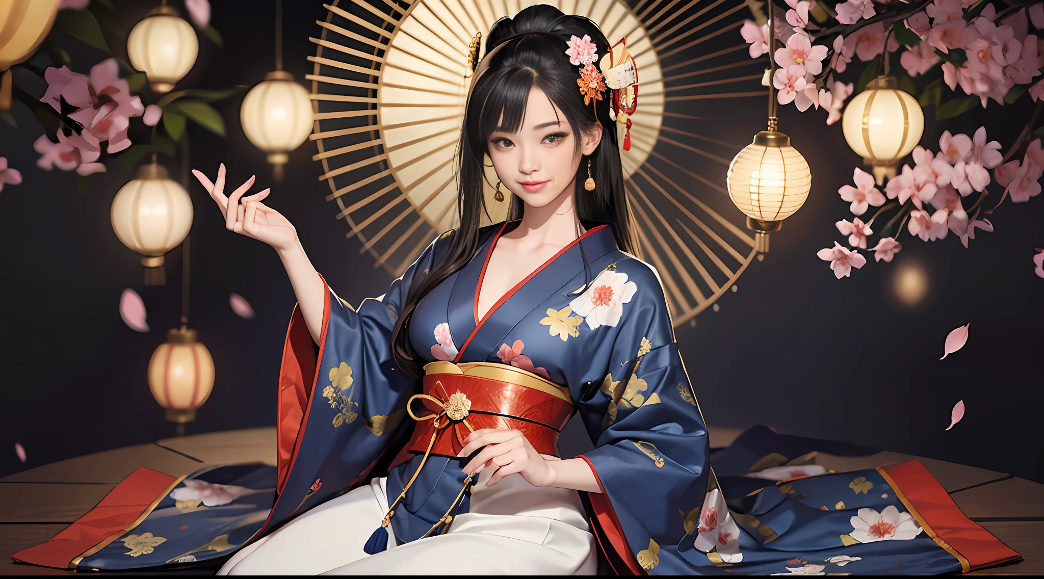 full body shot, a masterpiece of erotic art, a Japanese geisha in a beautiful dark blue brocade kimono with patterns in the form of sakura inflorescences sits in a traditional sitting position, a cutout on the chest reveals a beautiful decal, a beautiful traditional hairstyle on her head with a beautiful carved hairpin is detailed on her head,  in detail the eyes are bright green, the face is in detail a beautiful oval shape with neat facial features, the mood is a slight smile, the eyes laugh, in her hands. The geisha is a Japanese plucked instrument she plays on it, the lighting is subdued, Japanese lanterns are burning, high detail details of the photo, clear focus, 32k,  photorealism style, photorealistic --auto --s2
