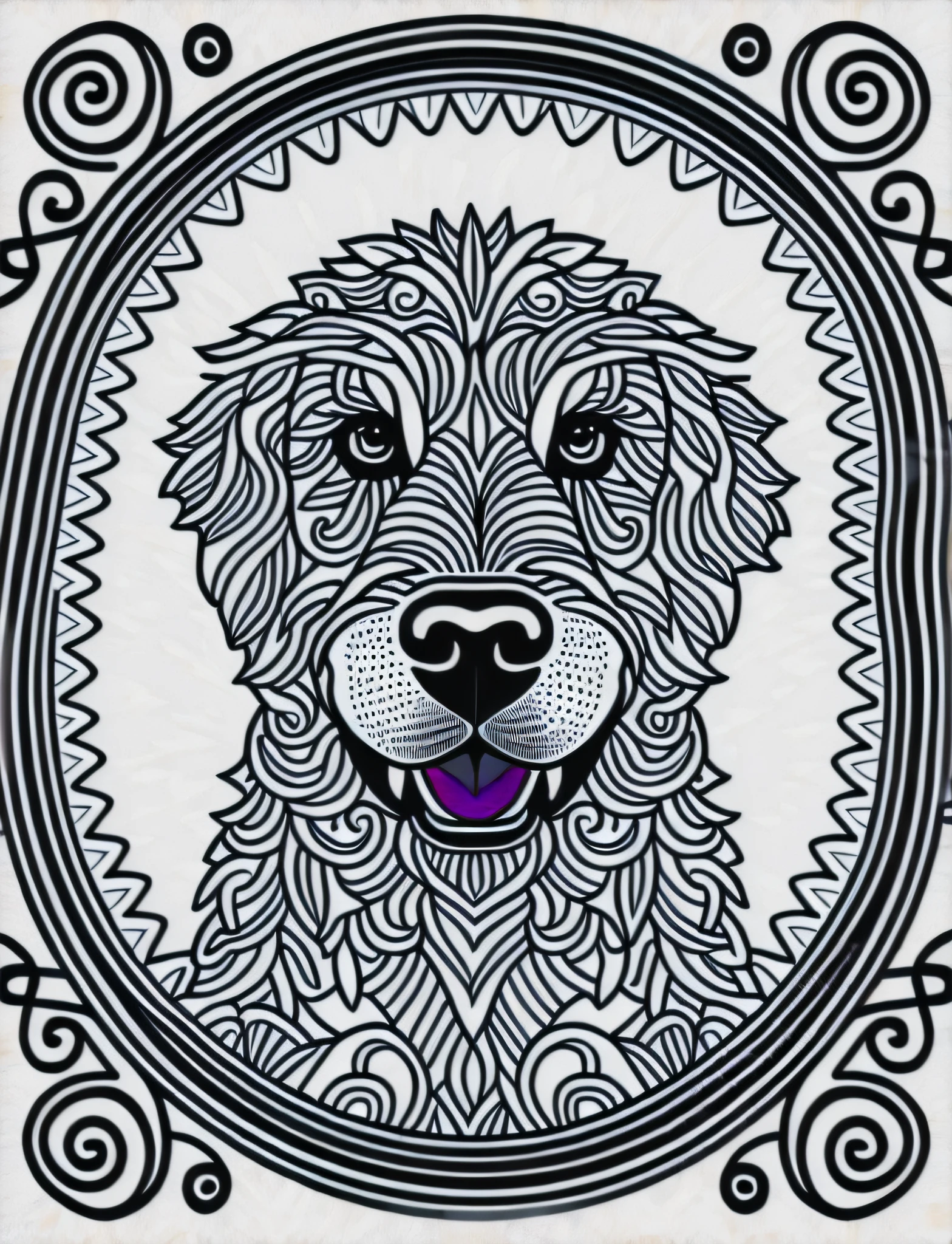 a dog style Spanish Water Dog, fantasy, magical, mandala, happy, black and white, equal wavy lines, realistic line art drawing, coloring book page, no noise, sharp thick lines, contour art, centered image, isolated on a white background