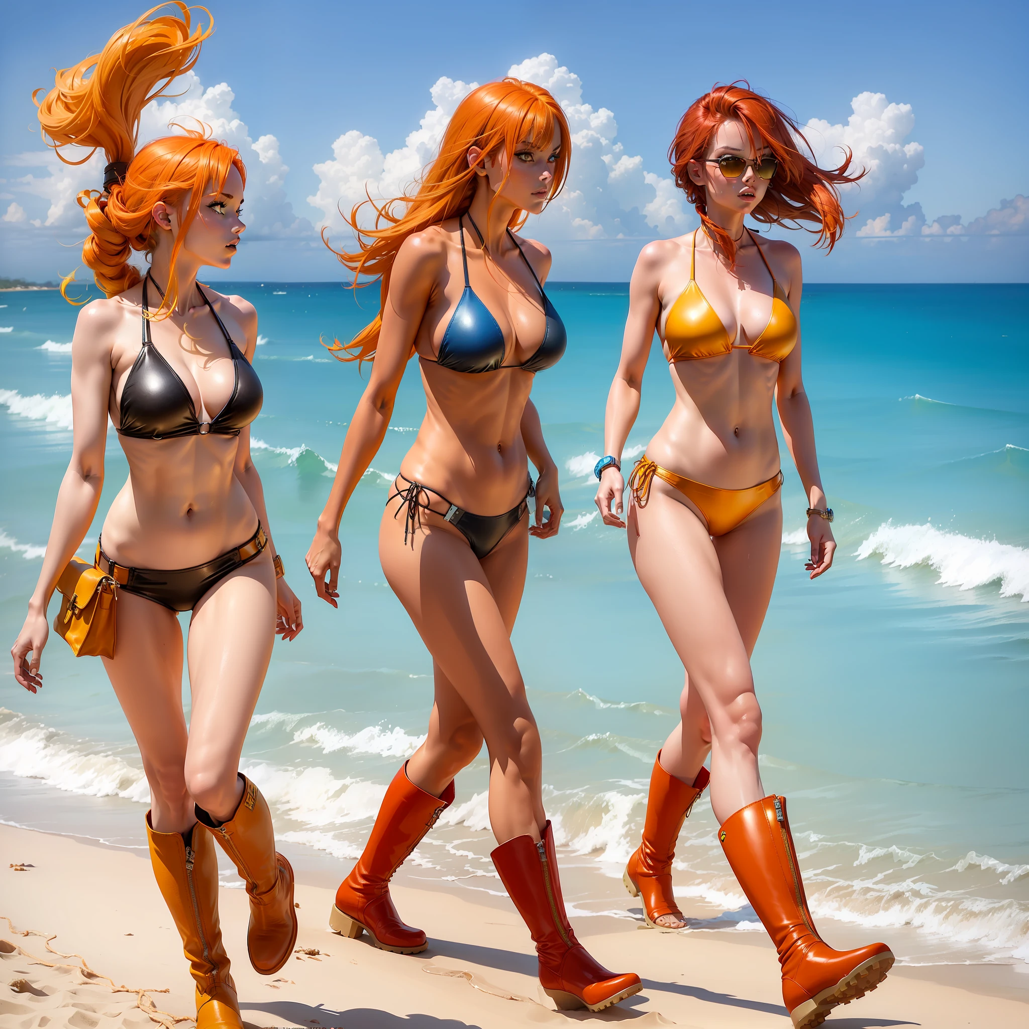 ((s in bikini)) ((red eye)) ((golden yellow hair)) ((is on the beach)) ((is running)) ((piercing gaze)) ((blue leather boot)) ((looking at the observer))