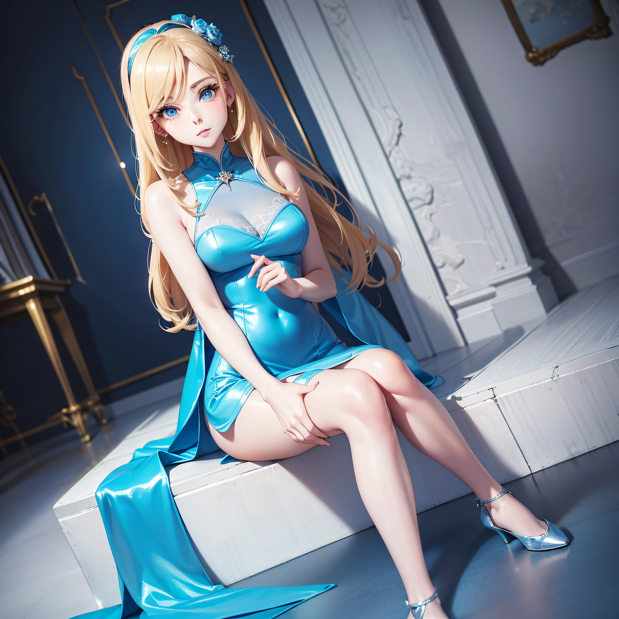 blond woman in blue dress sitting on the floor with her legs crossed, amouranth, young beautiful amouranth, better known as amouranth, in blue dress, wearing blue dress, wearing a blue dress, wearing a plastic blue dress, dressed in blue, amouranth as a super villain, blue dress, in a blue qipao, alexa grace