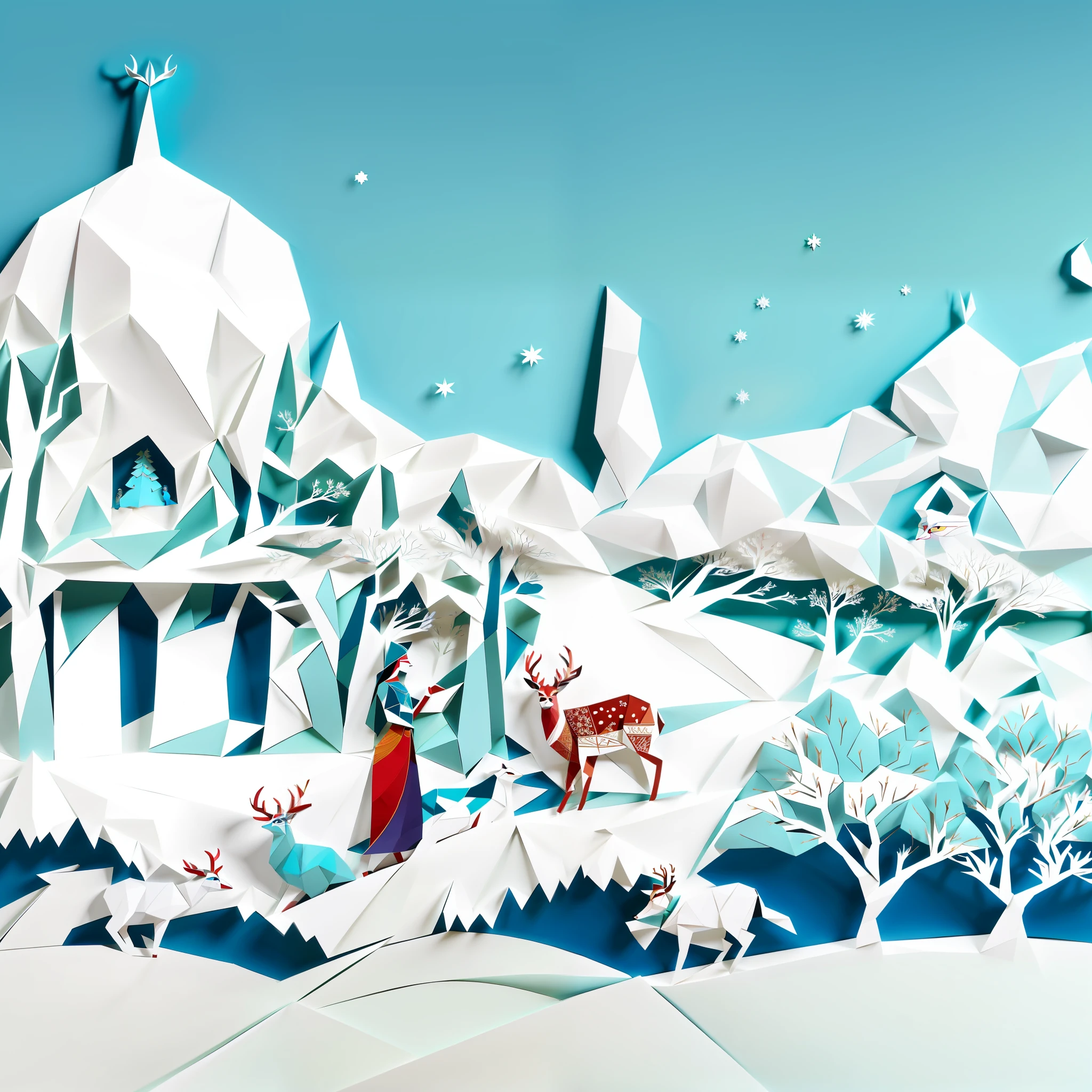 there is a paper cut of a woman and a deer in a snowy landscape, persian folktale artstyle, a beautiful artwork illustration, persian folkore artstyle, inspired by Ivan Bilibin, persian folklore illustration, layered paper art, paper cut art, by Alberto Morrocco, paper art, stylized digital illustration, persian folkore illustration