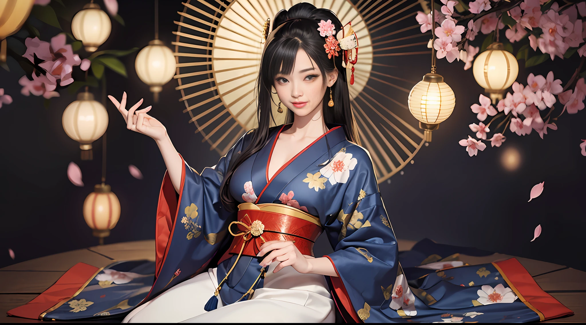 full body shot, a masterpiece of erotic art, a Japanese geisha in a beautiful dark blue brocade kimono with patterns in the form of sakura inflorescences sits in a traditional sitting position, a cutout on the chest reveals a beautiful decal, a beautiful traditional hairstyle on her head with a beautiful carved hairpin is detailed on her head,  in detail the eyes are bright green, the face is in detail a beautiful oval shape with neat facial features, the mood is a slight smile, the eyes laugh, in her hands. The geisha is a Japanese plucked instrument she plays on it, the lighting is subdued, Japanese lanterns are burning, high detail details of the photo, clear focus, 32k,  photorealism style, photorealistic --auto --s2
