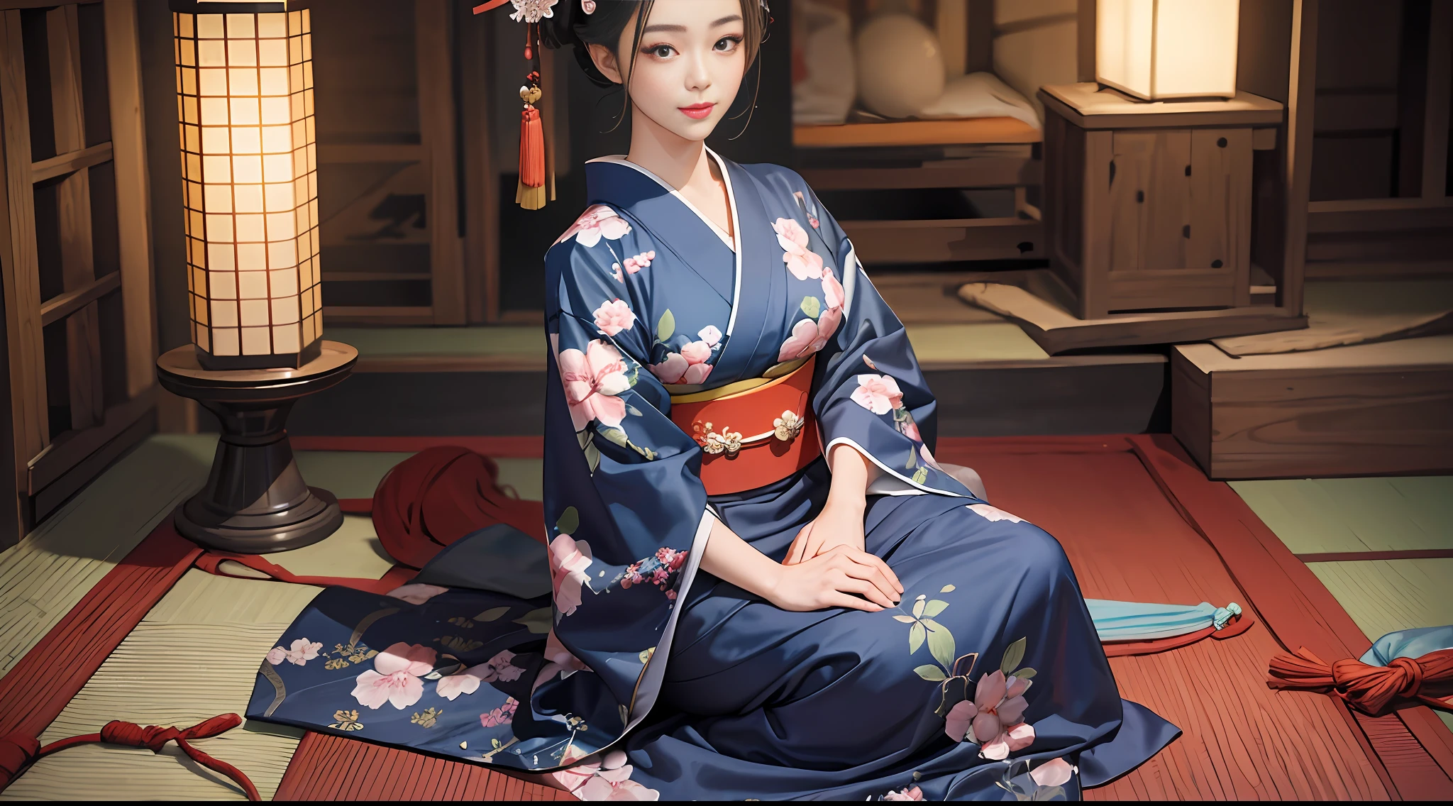 full body shot, a masterpiece of erotic art, a Japanese geisha in a beautiful dark blue brocade kimono with patterns in the form of sakura inflorescences sits in a traditional sitting position, a cutout on the chest reveals a beautiful decal, a beautiful traditional hairstyle on her head with a beautiful carved hairpin is detailed on her head,  in detail the eyes are bright green, the face is in detail a beautiful oval shape with neat facial features, the mood is a slight smile, the eyes laugh, in her hands. The geisha is a Japanese plucked instrument she plays on it, the lighting is subdued, Japanese lanterns are burning, high detail details of the photo, clear focus, 32k,  photorealism style, photorealistic --auto --s2