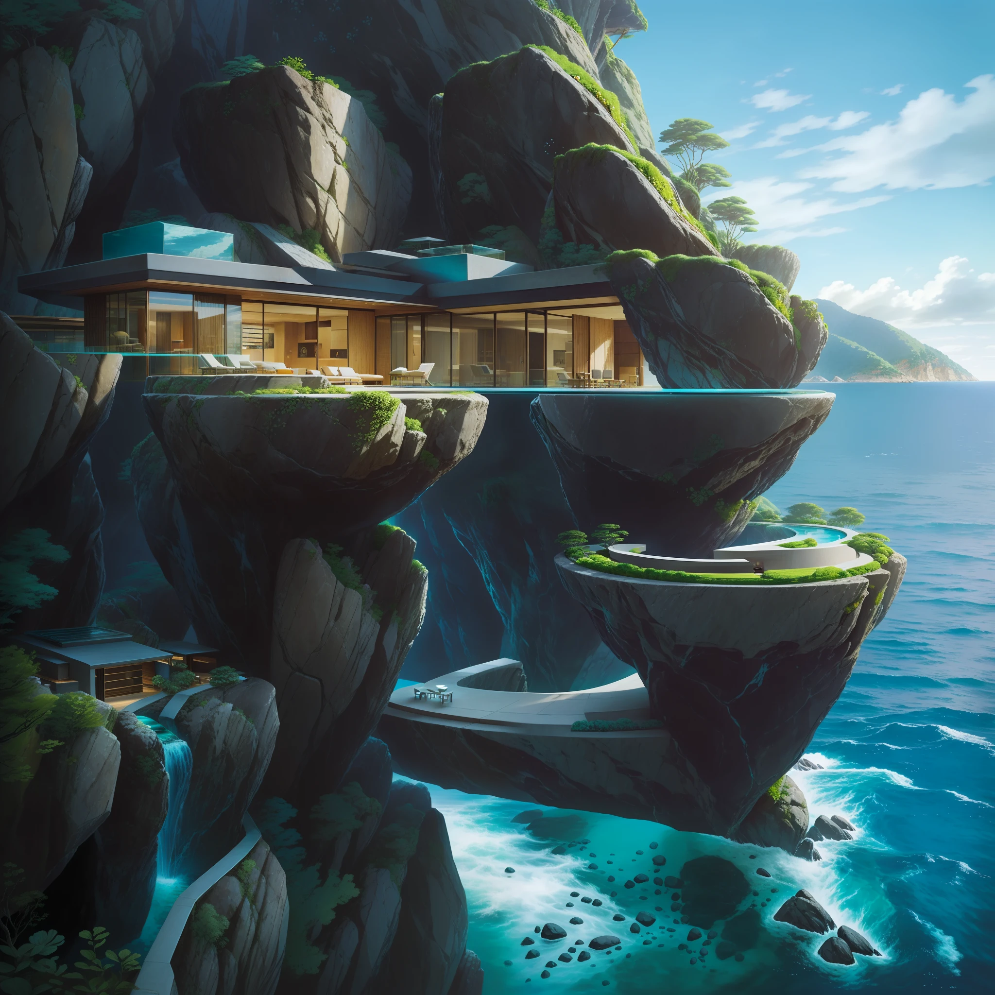 a modern futuristic design large cliff House's with a artificial waterfall and a pool in the middle, nature meets architecture, built around blue ocean, realistic beehive architecture, organic architecture, very close to real nature, breathtaking render, island with cave, stunning architecture, luxury architecture, realistic fantasy render, by Zha Shibiao, epic and stunning, architectural visualization, epic architecture, concept art. 8 k