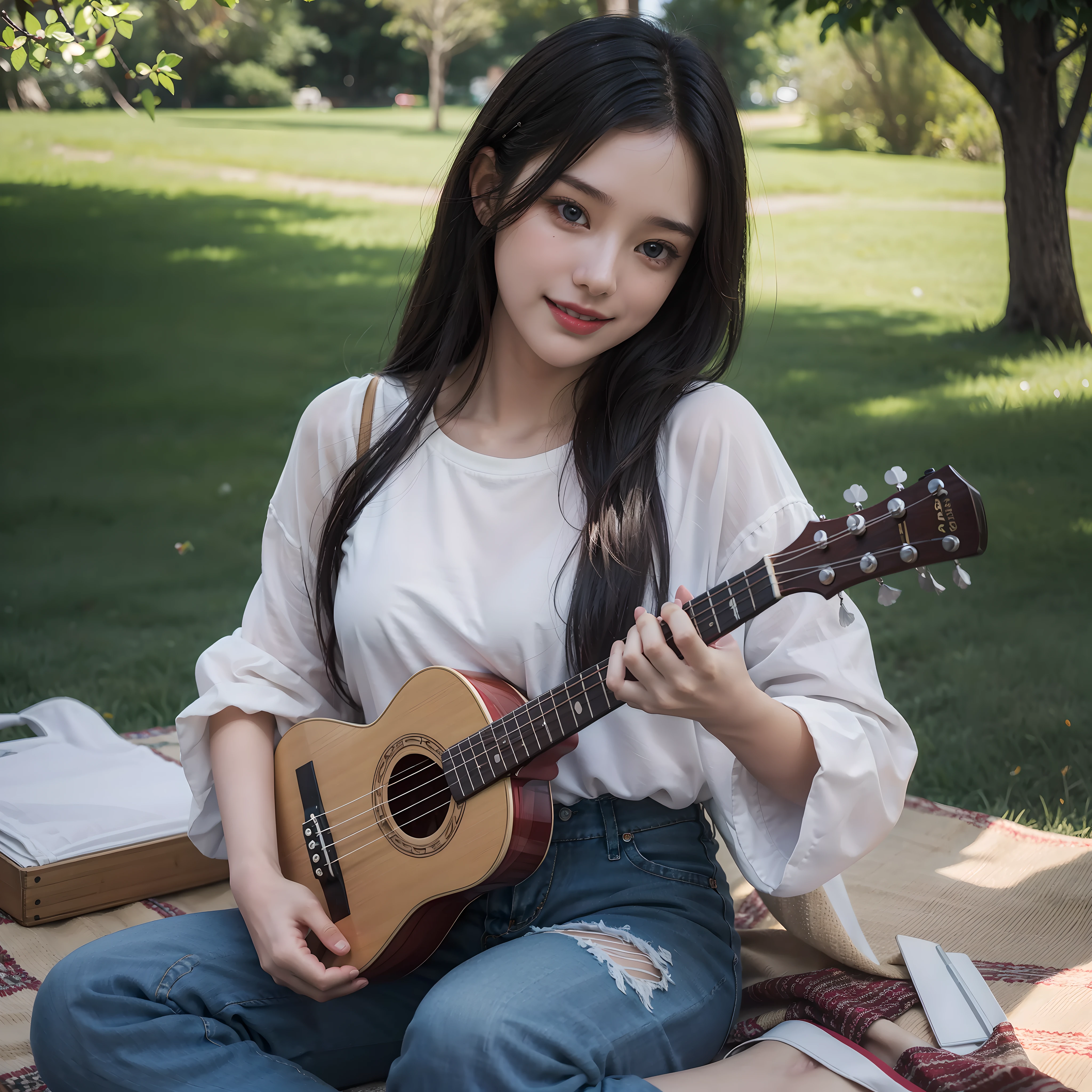 an image of a picturesque park scene where a radiant young woman is seated on a cozy picnic blanket, strumming her ukulele with finesse. Surrounding her, an array of vibrant blossoms bloom, dotting the landscape with bursts of color. Delicate butterflies gracefully flutter overhead, forming a whimsical dance around her. The sun shines brilliantly, casting a warm glow on her face and illuminating the entire park. Capture the serene ambiance and the girl's sheer joy as she immerses herself in music, nature, and the simple pleasures of a sunny day, wearing white T-shirt and long sleeves Jeans shirt, blue jeans pant, dark grayish messy hair((2.0)), cute blue eyes((1.5)), attractive red lips((1.2)), surrealistic digital artwork, hyper detailed hands and fingers, starring at the camera, smiling, hyper focused medium angel shot, extremely detailed ukulele, luminous, volumetric and holographic lighting effects