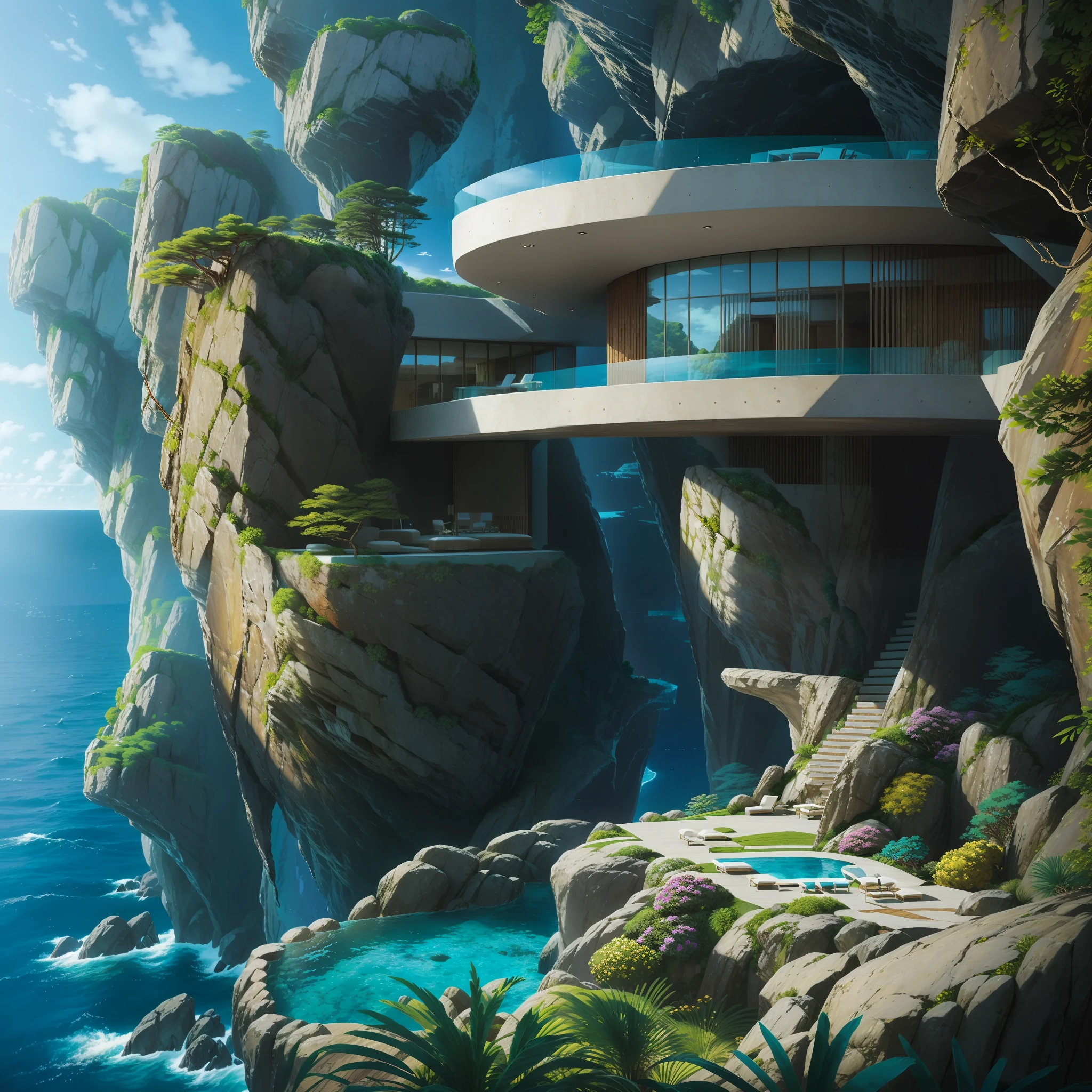 a modern futuristic design large cliff House's with a artificial waterfall and a pool in the middle, nature meets architecture, built around blue ocean, realistic beehive architecture, organic architecture, very close to real nature, breathtaking render, island with cave, stunning architecture, luxury architecture, realistic fantasy render, by Zha Shibiao, epic and stunning, architectural visualization, epic architecture, concept art. 8 k