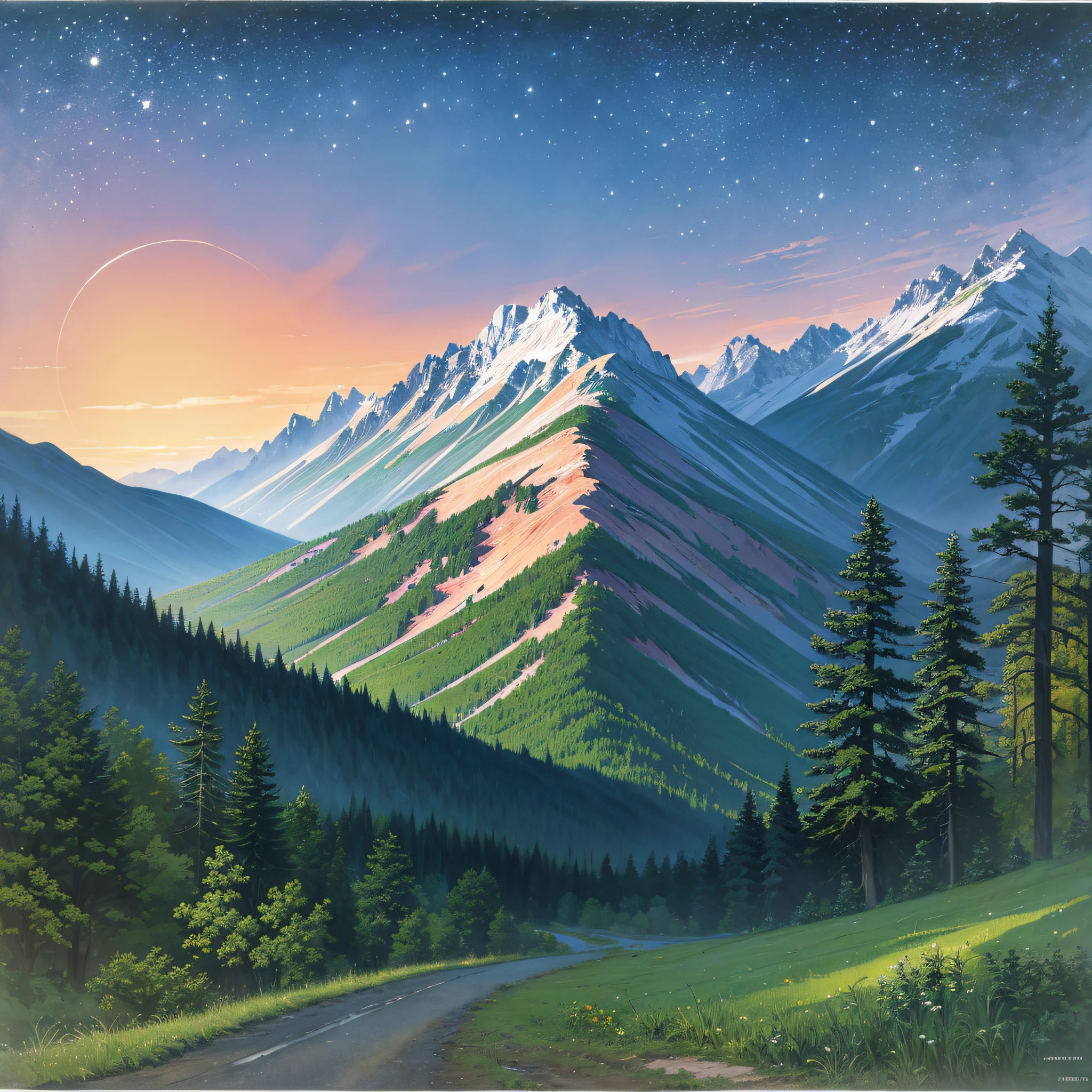 Watercolor, with a truck driving on a road in the mountains, through the mountains, Michael Dahl, Marshall Arisman, detailed landscape – wide 672, Ross Tran. Landscape background, illustrated matte painting, Craig Thompson, gouache matte painting, stylized digital illustration, Randall Schmidt, epic landscape, environmental painting, official illustration, alpine watercolor, evening, starlight, cedar tree foreign forest, Monet style