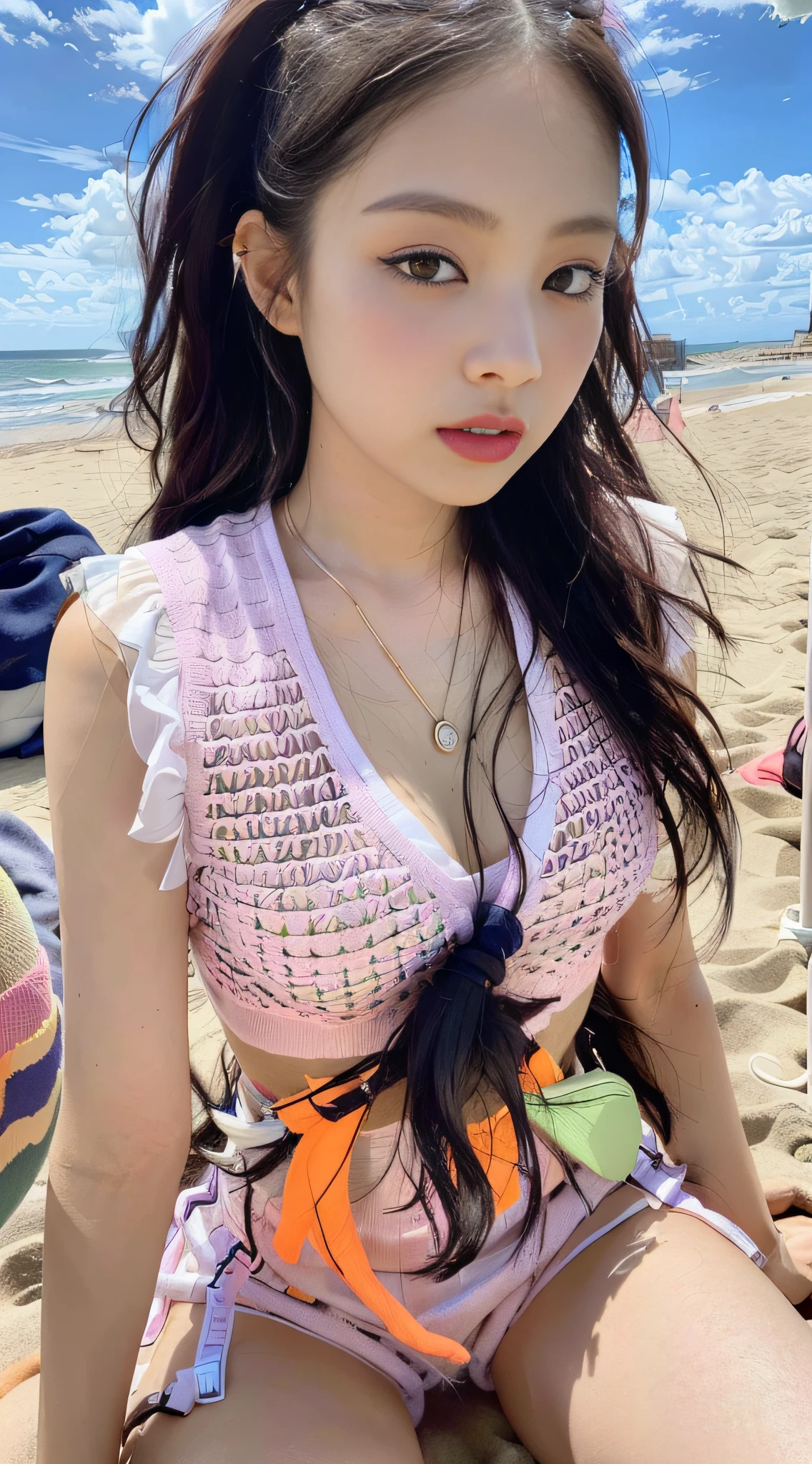 Kim Ji-ni Jennie face, wearing a fluorescent orange vest, dirty braids, cropped and pink shorts, sexy, cute, sitting on the beach by the sea, sun on the face, sunshine
