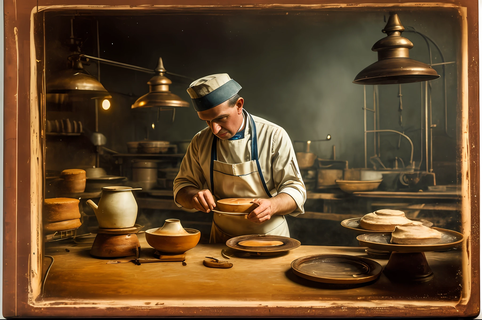 In a kinetic color photograph from 1922, very rare for its time, we can see a close up of a baker. Illuminated only by a strong camera flash. The scene looks like a horror movie because of its somber. encaustic, pentimento, --auto --s2