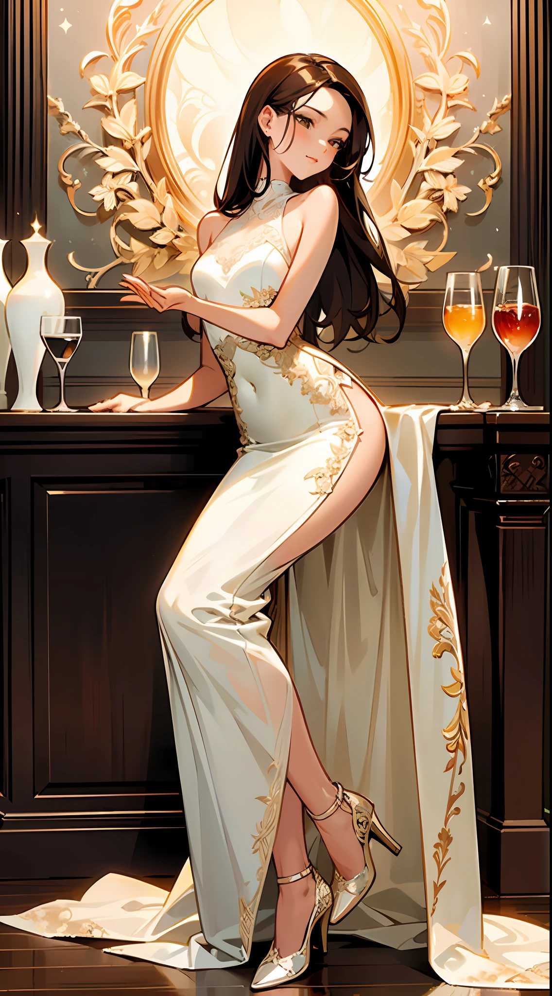 ((masterpiece,ultra-detailed, intricate details, best quality,illustration)),1girl, solo, brown hair, white dress, glass, restaurant, night, indoor, luxury, elegant, sophisticated, classy, fashionable, chic, attractive, charming, gorgeous, stunning, charming, cute, charming, charming, beautiful, delicate face, beautiful and delicate eyes, soft expression, full lips, slender body, curvy, hourglass body, medium bust, slender arms, graceful hands, slender fingers, delicate wrists, elegant neck, bare shoulders, smooth skin, slender waist, flowing skirt, intricate lace pattern, translucent fabric , high slit, long skirt, elegant heels, intricate design, white color scheme, subtle shadows, dim lighting, warm colors, wooden furniture, comfortable seats, smooth tables, crystal glassware, condensation on glass, wine, drinks, beverages, refreshing, fragrant, sparkling, crisp, effervescent, mouthwatering, fresh atmosphere, relaxation, peace, serenity, serenity, soothing, cozy atmosphere, complex background music, live jazz performance, subtle sounds, soft murmur, Environmental noise, artistic composition, visual impact, harmonious color scheme, balanced composition, professional execution