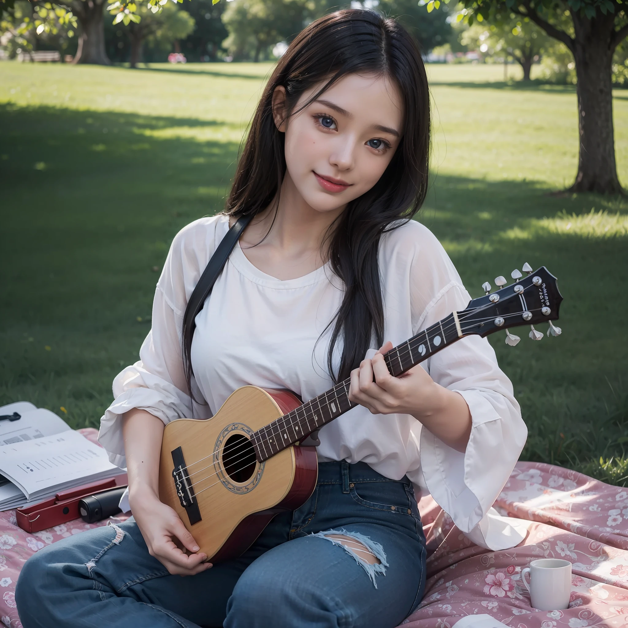 an image of a picturesque park scene where a radiant young woman is seated on a cozy picnic blanket, strumming her ukulele with finesse. Surrounding her, an array of vibrant blossoms bloom, dotting the landscape with bursts of color. Delicate butterflies gracefully flutter overhead, forming a whimsical dance around her. The sun shines brilliantly, casting a warm glow on her face and illuminating the entire park. Capture the serene ambiance and the girl's sheer joy as she immerses herself in music, nature, and the simple pleasures of a sunny day, wearing white T-shirt and long sleeves Jeans shirt, blue jeans pant, dark red long messy hair((2.0)), her hair is scattered in the air, cute blue eyes((1.5)), attractive red lips((1.2)), surrealistic digital artwork, hyper detailed hands and fingers, starring at the ukulele, smiling, hyper focused medium angel shot, extremely detailed ukulele, luminous, volumetric and holographic lighting effects, colourful butterflies are flying over her head and around her, beautiful flowers