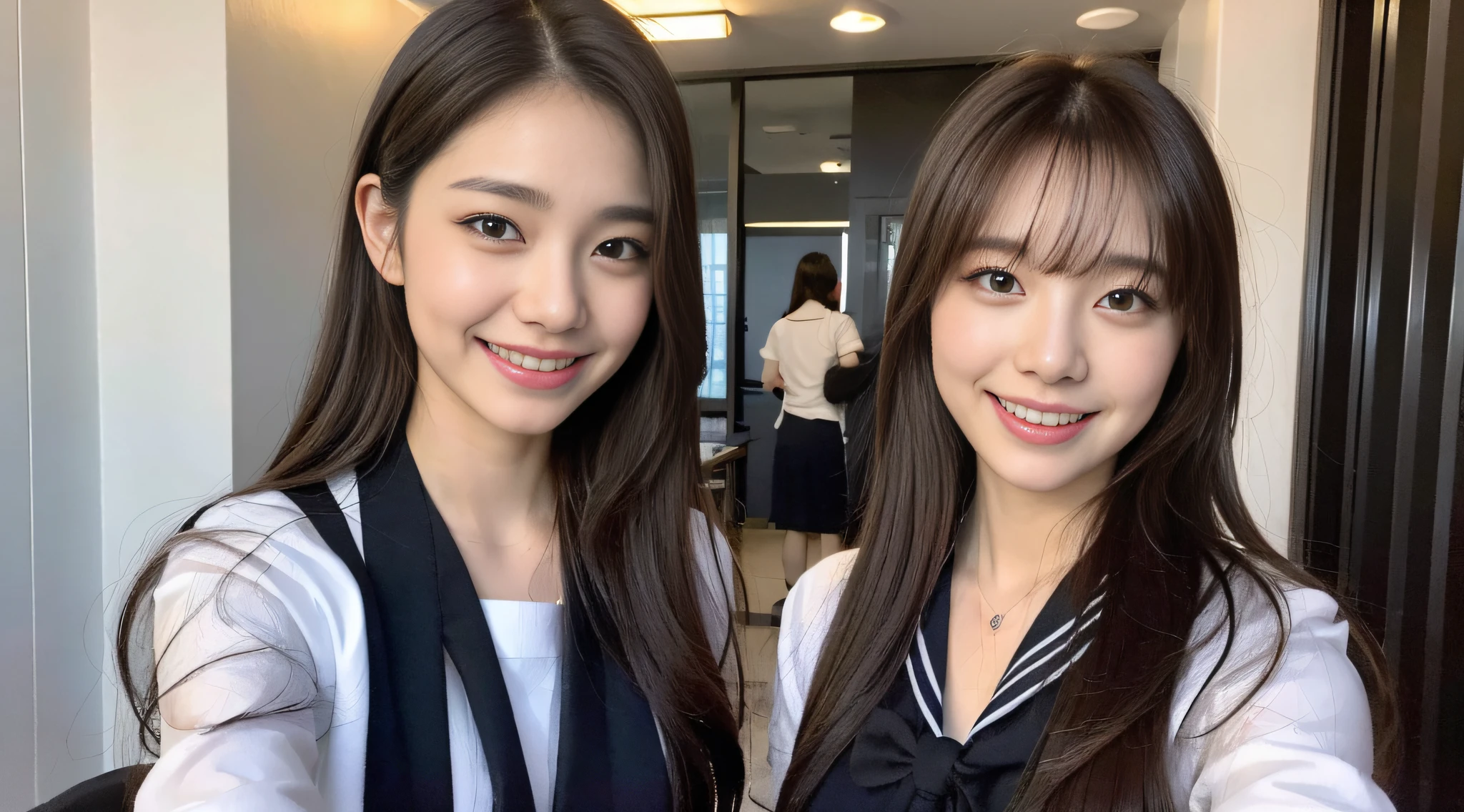 (8k, RAW photo, highest quality, masterpiece: 1.2), super detail, super resolution, (realistic, real photo: 1.37), (photorealistic: 1.6), portrait, high resolution RAW color photo, professional photo, very detailed and beautiful, touching hair (showing teeth and smiling), beautiful full moon (posing to show sides) Schoolyard at night with beautiful full moon, night sky is beautiful, Cute pose, super high quality, 8k wallpaper, amazing cute smile, transcendent cute face, amazing details, red scarf, very detailed beautiful girls, different pattern face, having a conversation in school classroom, light shining hair, one is a ponytail, modern cute schoolgirl, very detailed face very detailed eyes, very realistic skin, very detailed fingers, very detailed nose, very detailed mouth, perfect anatomy, highly detailed sailor suit, very detailed background, after school, smiling school girls gather in the hallway of the school. They are in uniform, bathed in moonlit nights, revealing the details of their hair and uniforms. They enjoy chatting in natural poses and seem to have memorable conversations. Smiling faces, fun spreads in the hallway, long straight hair, (dull bangs: 1.2), , schoolgirl youth Celebrity-level cuteness , (pink eye shadow)