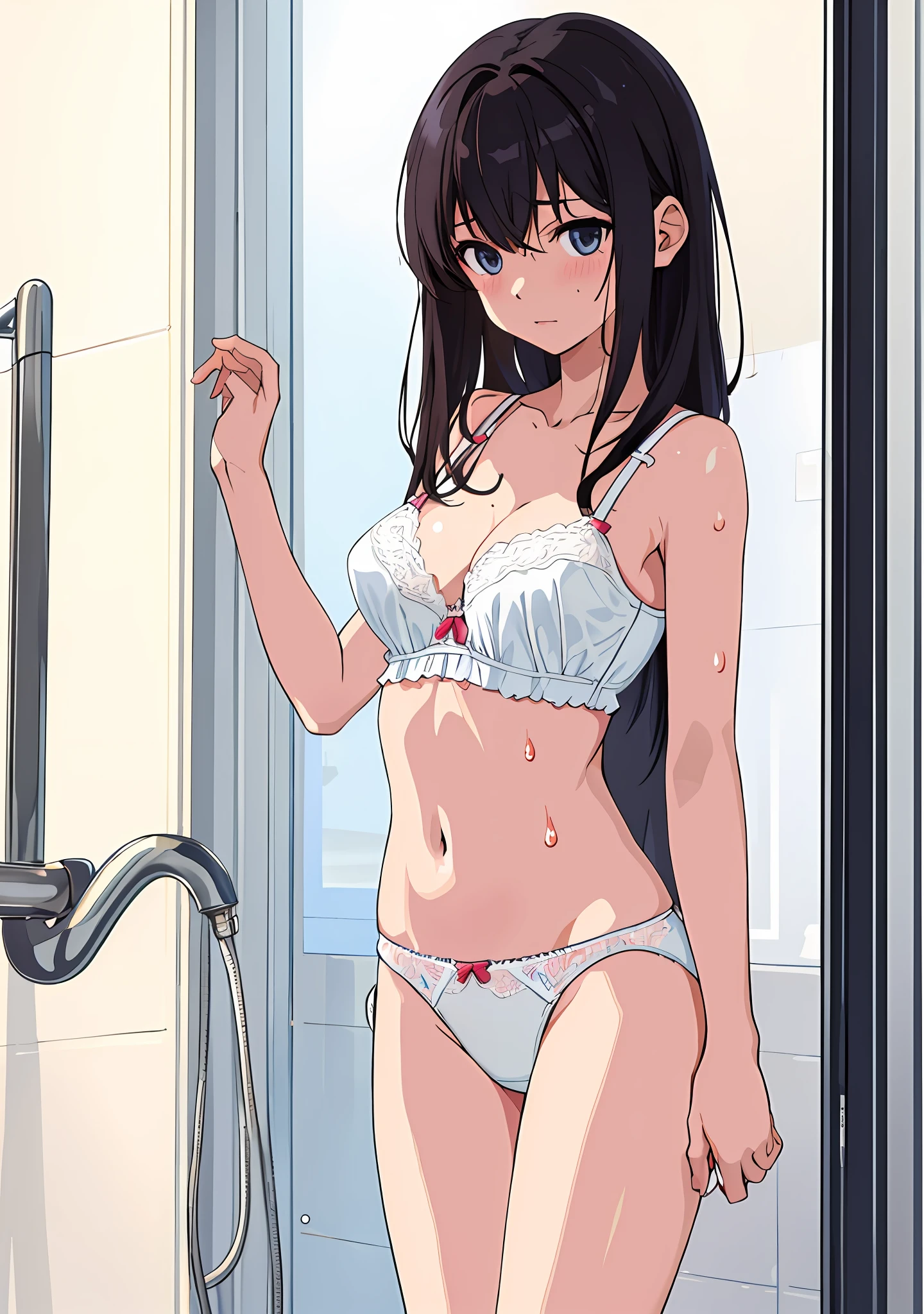 (masterpiece, best quality), 1girl, nsfw, shy, showing off, flat chest, cleavage, panties, see through, nipplesout, bra, , taking a shower, wet
