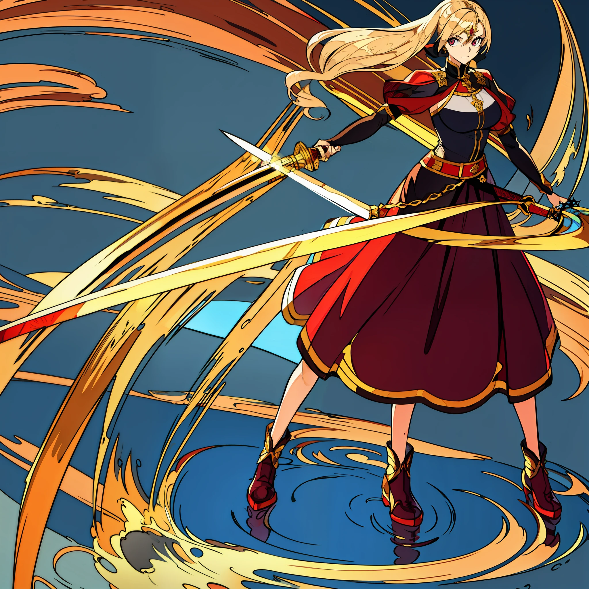 Golden hair, red eye iris, water sword, 17 year old girl posing, simple royal outfit, long skirt