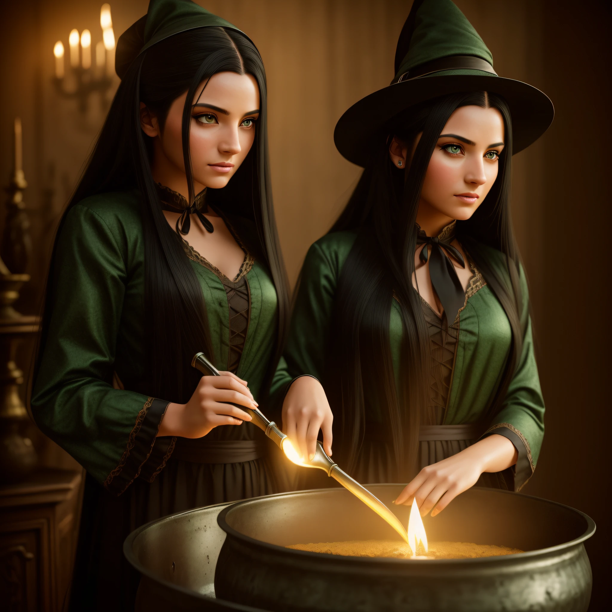(Professional Photo), A beautiful young woman with long black hair dressed as a Witch brewing potions in an iron cauldron, green eyes, 22 years old, full body photo, photography, realistic face, extremely detailed natural texture, nikon d850 film stock photography, kodak portra 400 camera f1.6 lens, extremely detailed, amazing, fine details, hyper realistic texture, dramatic lighting, unrealengine, trend at artstation, cinestill 800 tungsten, looking at the viewer, realistic photo, RAW photo, TanvirTamim, high quality, highres, sharp focus, extremely detailed, cinematic lighting, 8k uhd,