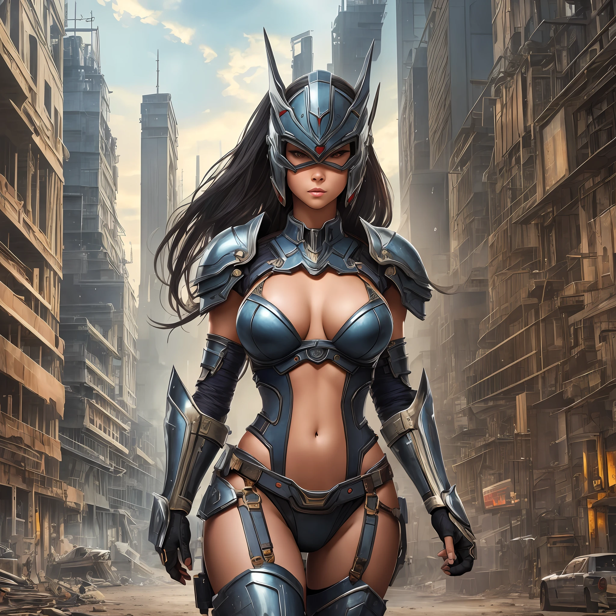 ((Best Quality)), ((Masterpiece)), (Details: 1.4), Real Movie Poster, A Beautiful Destroyer Female Image, , 1woman, sexy, sexy collarbone, breasts, sexy thighs, sexy calves, broken mechanical armor, (full body 1.6), American and Japanese mixed race woman, (20age), factory building