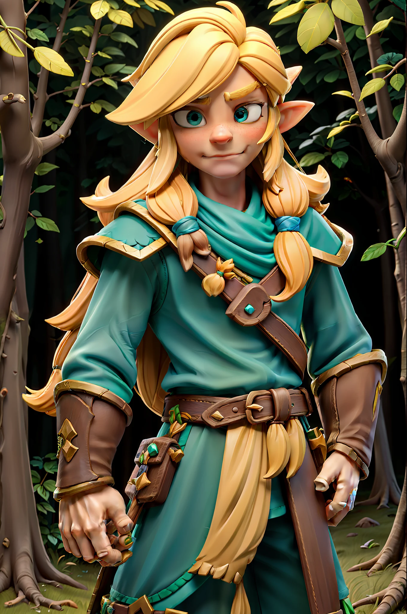 masterpiece, best quality, feminine male elf with long blonde hair in the forest wielding a bow wearing green and yellow leather armor with belts, fantasy
