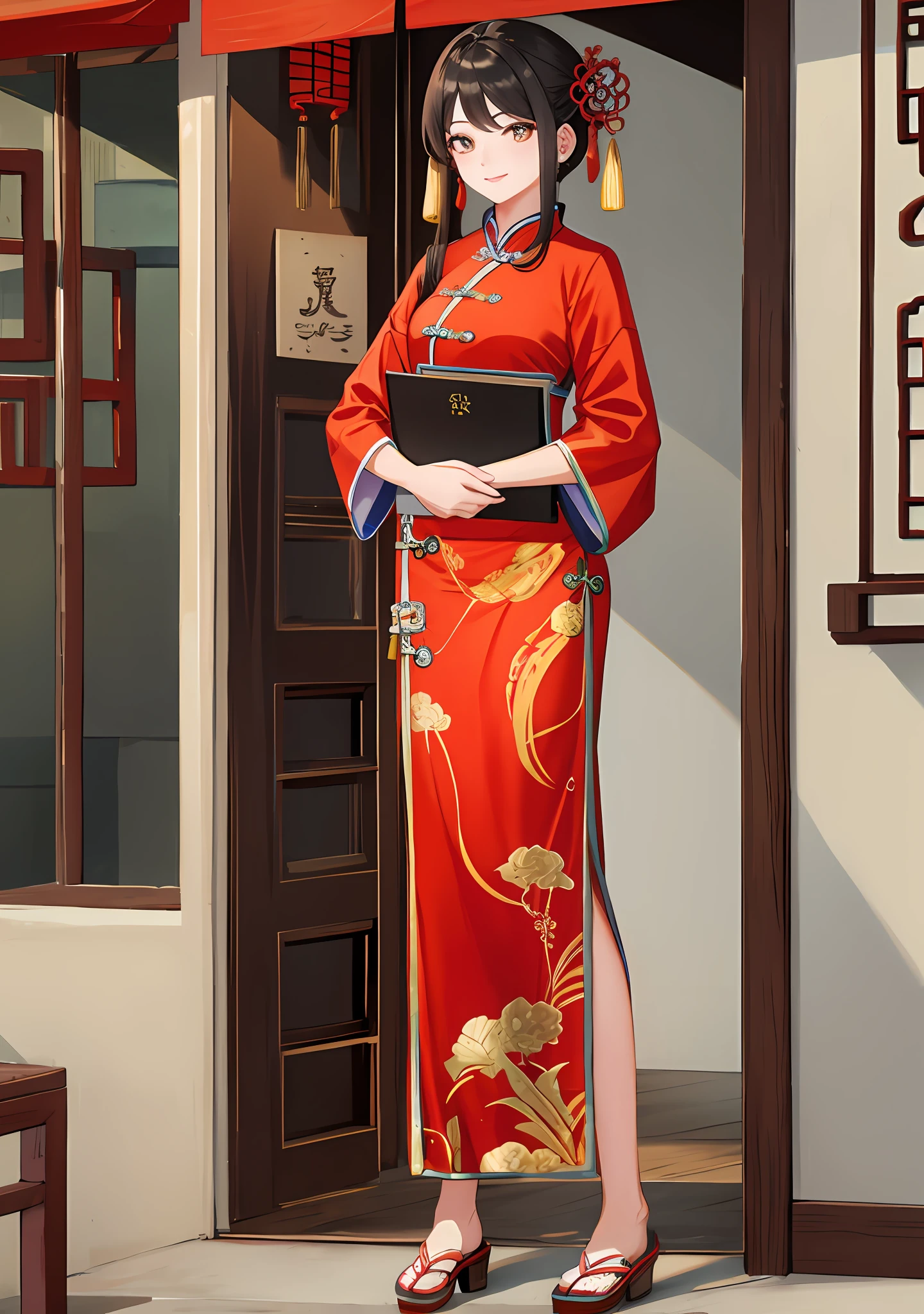 dressed in ancient Chinese clothes, in ancient Chinese shoes, standing with a half smile on her lips
