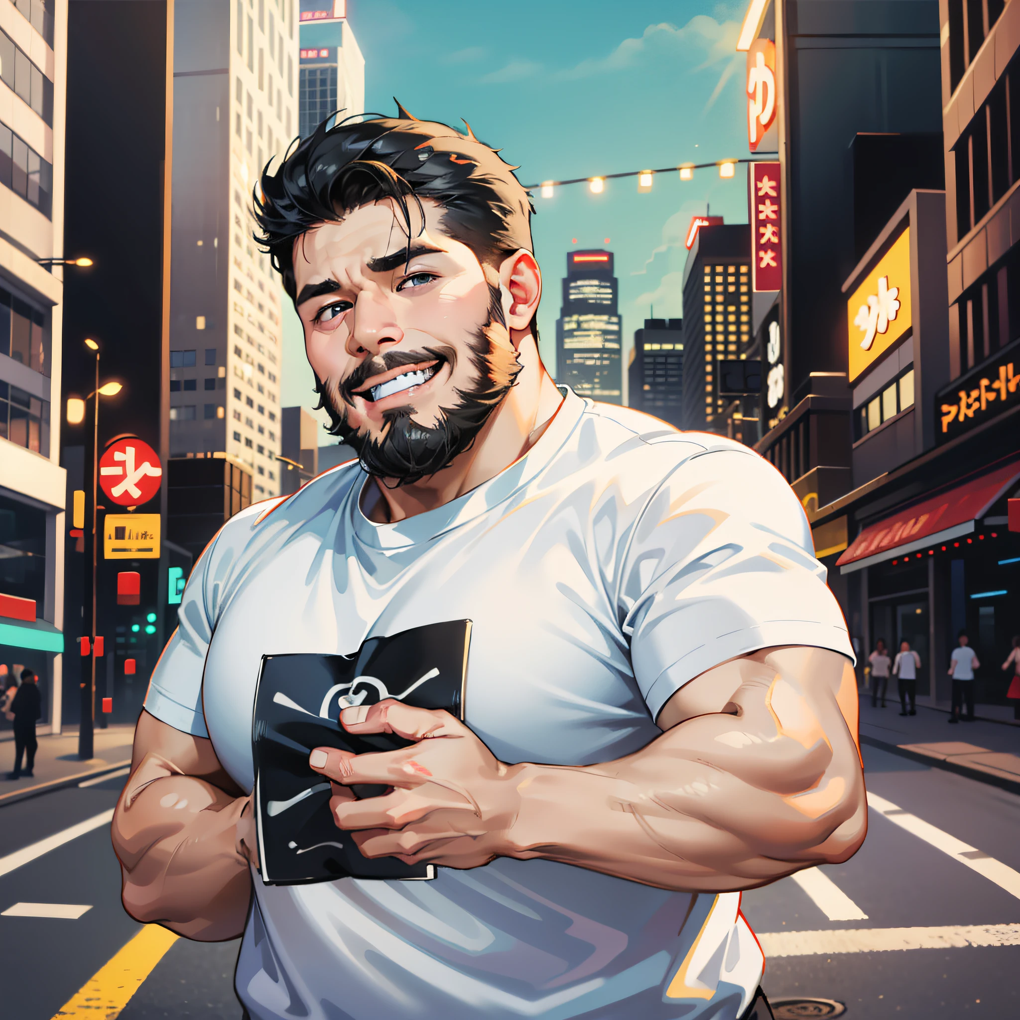 Male, greasy fat, round face, black hair, white short sleeves, full beard, drooling, bad smile, city background, chunky,