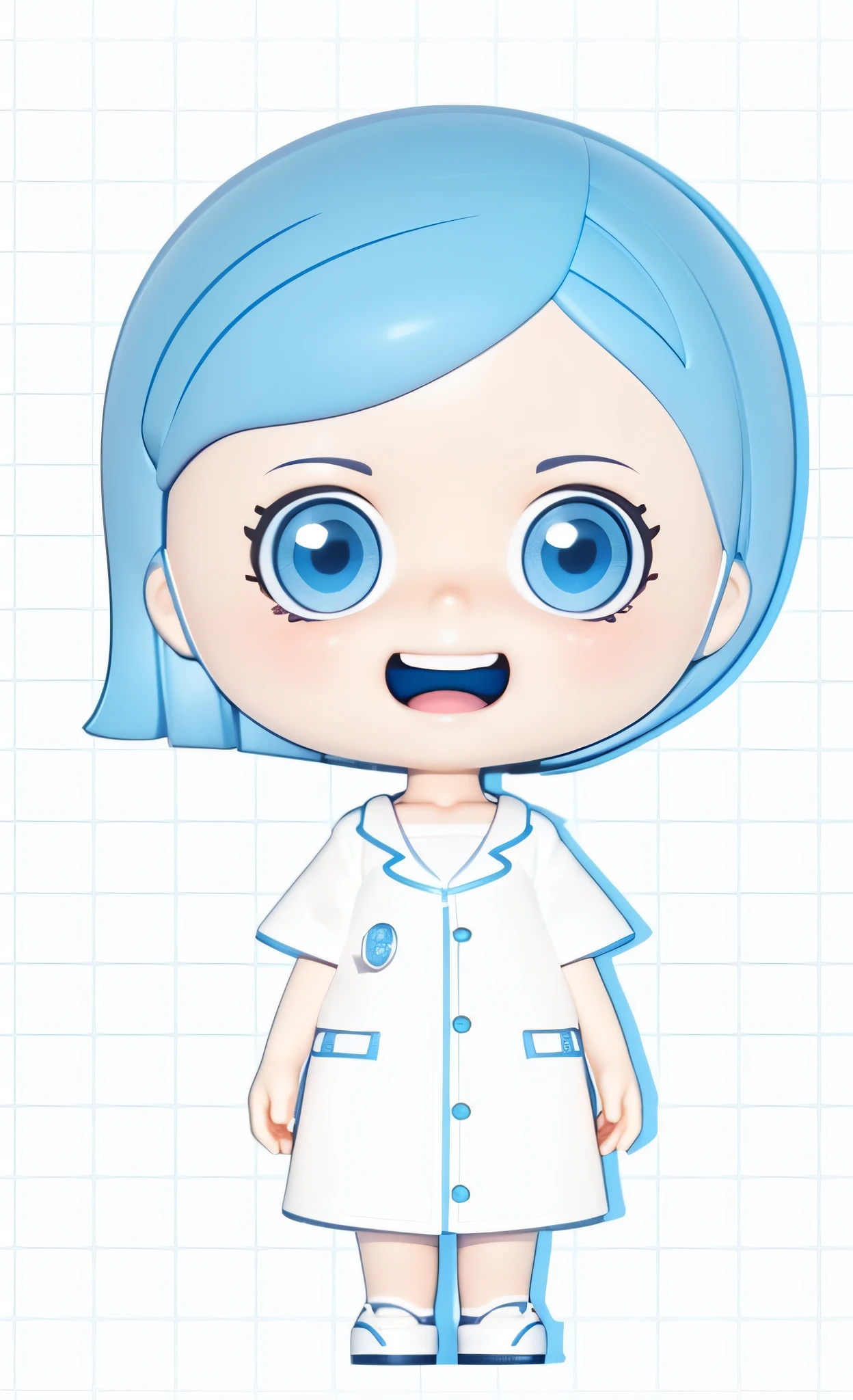 A girl with blue eyes, blue hair, short hair, no headdress, white doctor white coat dress, cute smile (beautiful detail eyes), (beautiful detail face), (Clean background: 1.1), bright, background, Disney style, fine gloss, dreamy, cute, pop-mart lp, high detail, super high quality, bright colors, real model blind box toy, multiple viewing angles, 3D rendering, oc rendering, best quality, 8k, bright, headlight, face shot, fine gloss, super detox, (full body: 1.3) --auto --s2