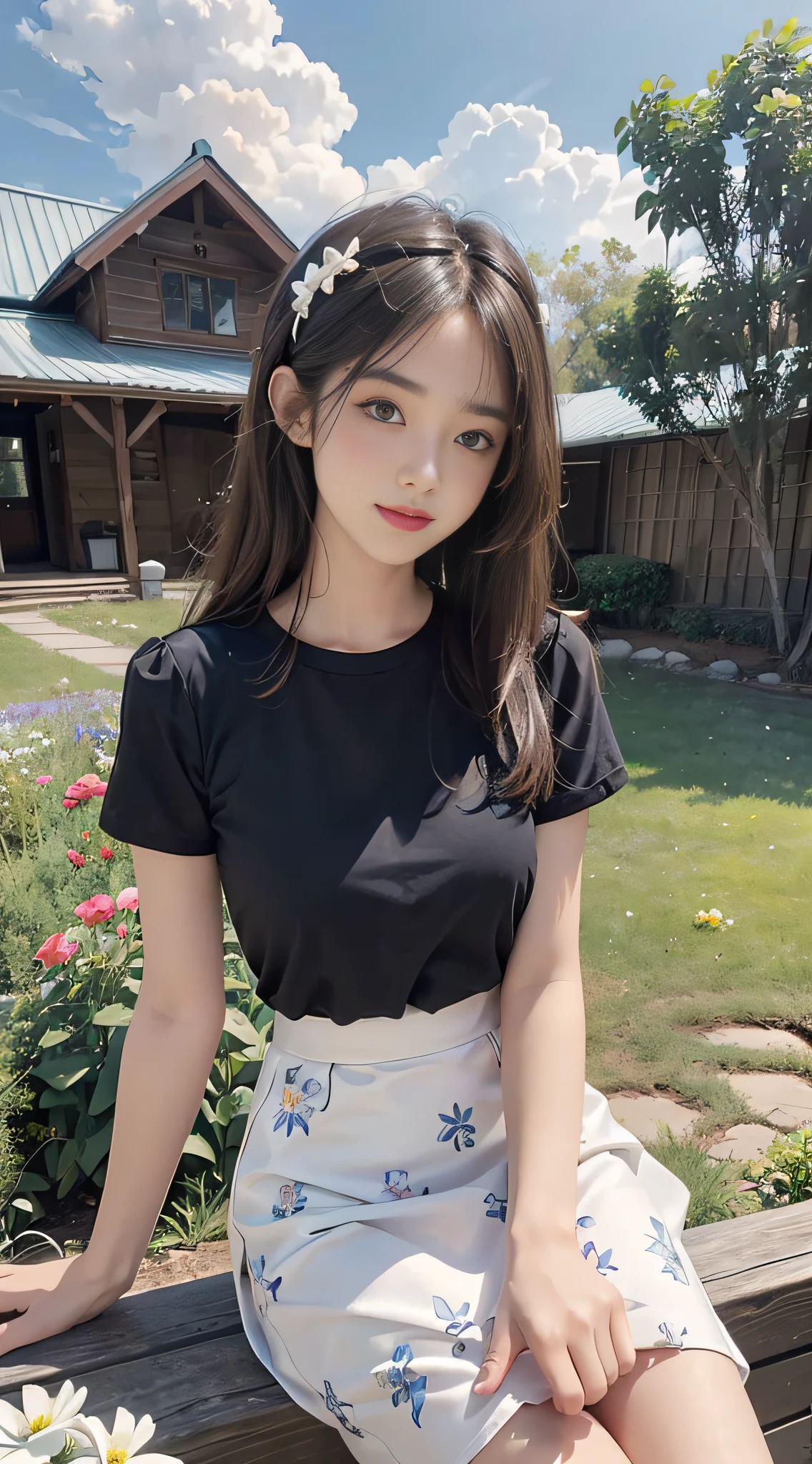 arafed asian woman sitting on a bench in a garden, wearing black tshirt, with short hair, wearing a black t-shirt, korean girl, with ripped crop t - shirt, short sleeves, black t-shirt, black t - shirt, with black, ulzzang, young and cute girl, black top, gorgeous young korean woman, wearing a black tshirt