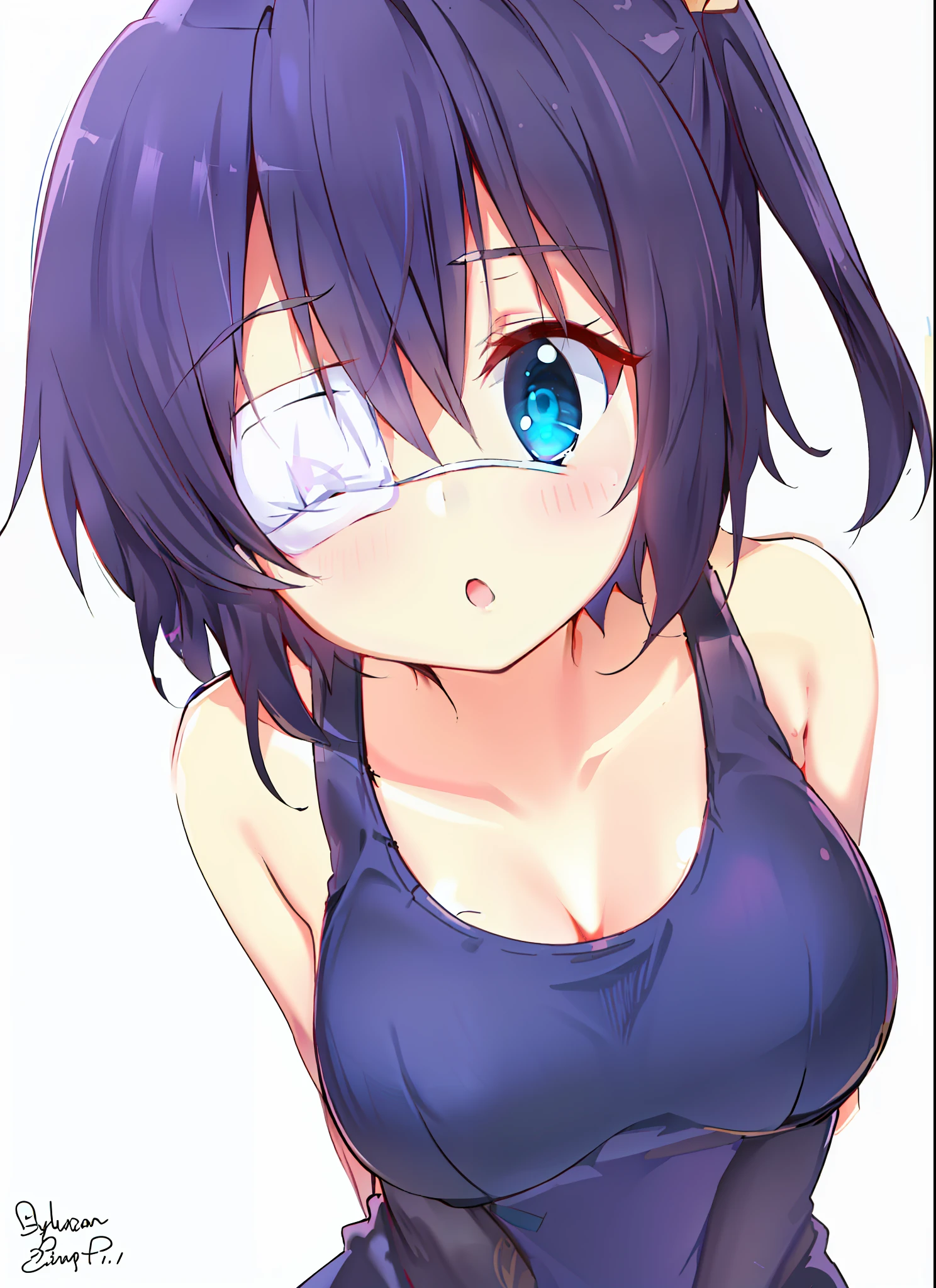 high res, masterpiece,Rikka Takanashi, black hair, solo, 1girl,outside,deatailed background, detailed eyes, ((blue eyes)), eyepatch