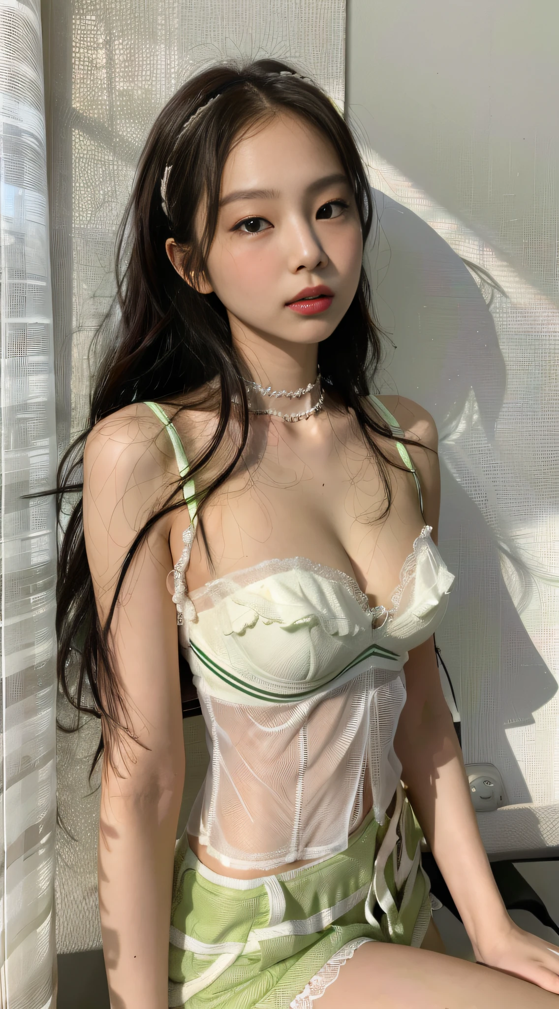 Kim Ji-ni Jennie face, wearing white bandeau, open waist, cleavage, light green shorts,, sexy, cute, white socks, white wall,, strong contrast, sunlight on the face,