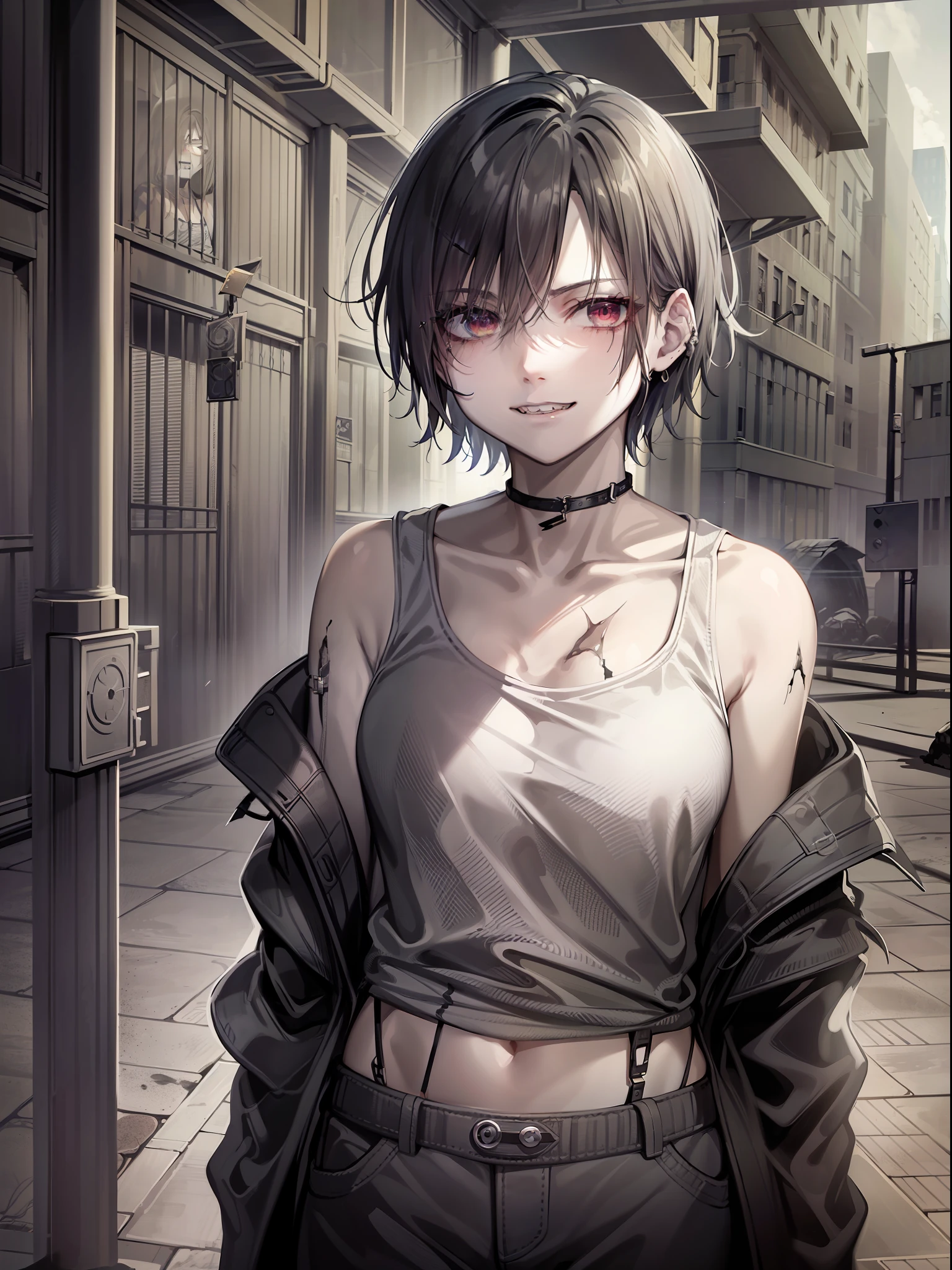 A woman with sharp teeth, visible when a mischievous smile forms on her lips. She wears a tank top with a black jacket and pants, exuding an aura of mystery and power. Her short black hair is messy, adding a scruffy, wild look. His eyes, an intense white without the presence of a retina, emanate an unearthly sensation. Deep dark circles stand out on her pale skin, evidencing her tired and haunted appearance. The environment around it is urban and dark, with ruins that testify to the passage of time and evoke a climate of desolation and decadence.