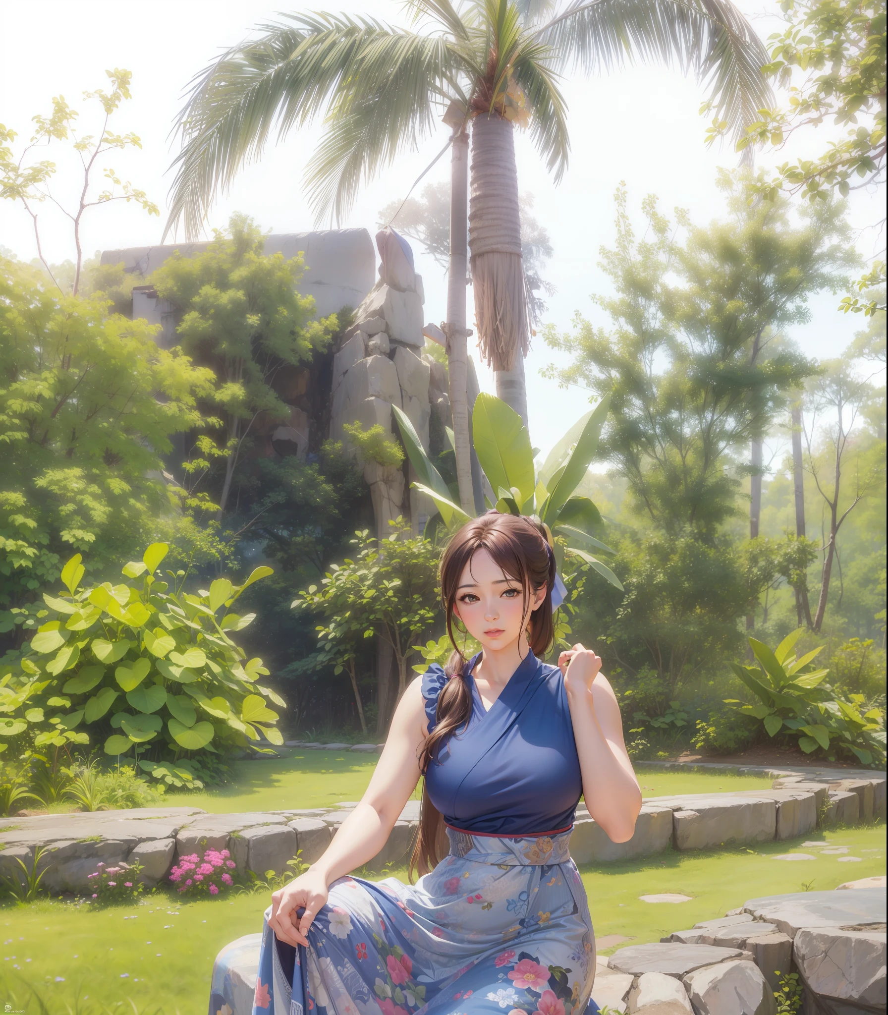 masterpiece, best quality,(realistic, photo-realistic:1.37), Suyu, 1girl, breasts, solo, cleavage, looking at viewer, brown hair, ponytail,full shot,expand photo
