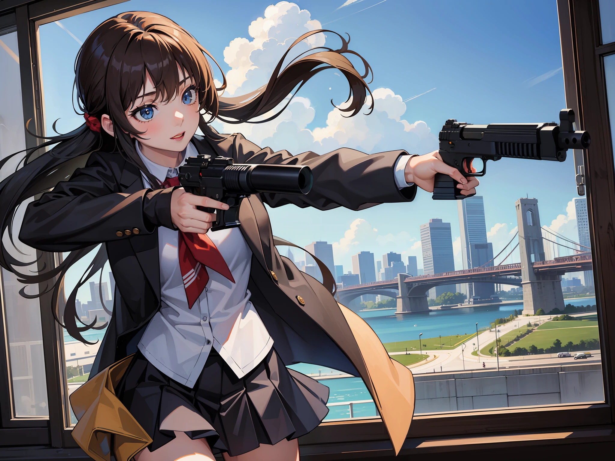 ((best quality)), ((masterpiece)), ((high res)), 1girl, high school uniform, city backdrop, cowboy shot, guns akimbo, shooting her pistols, shell casings, diving into plate glass window.