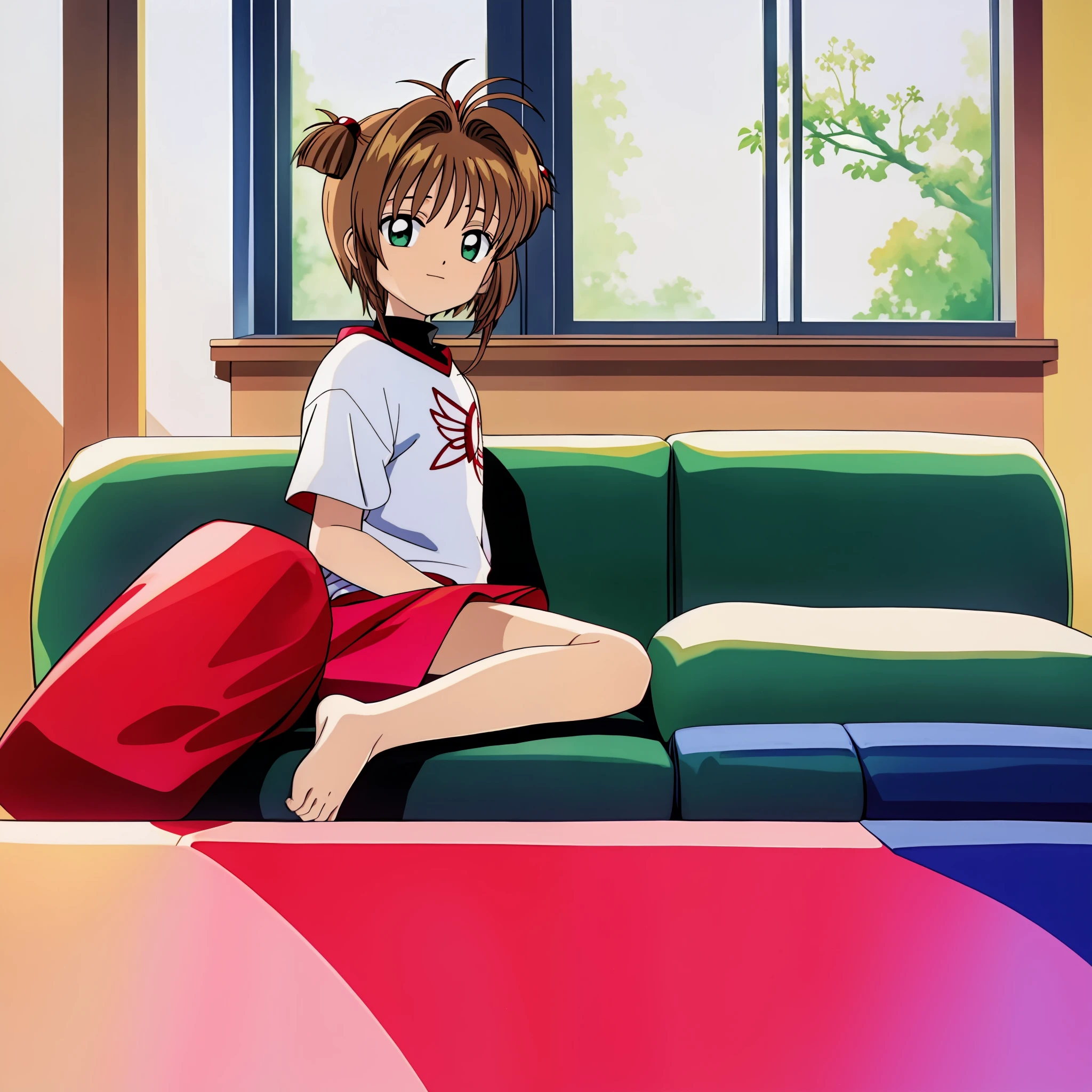 masterpiece, highres, kinomoto_sakura laying on the couch, living room, casual clothes, window, sunlight, beautiful scene, soft smile