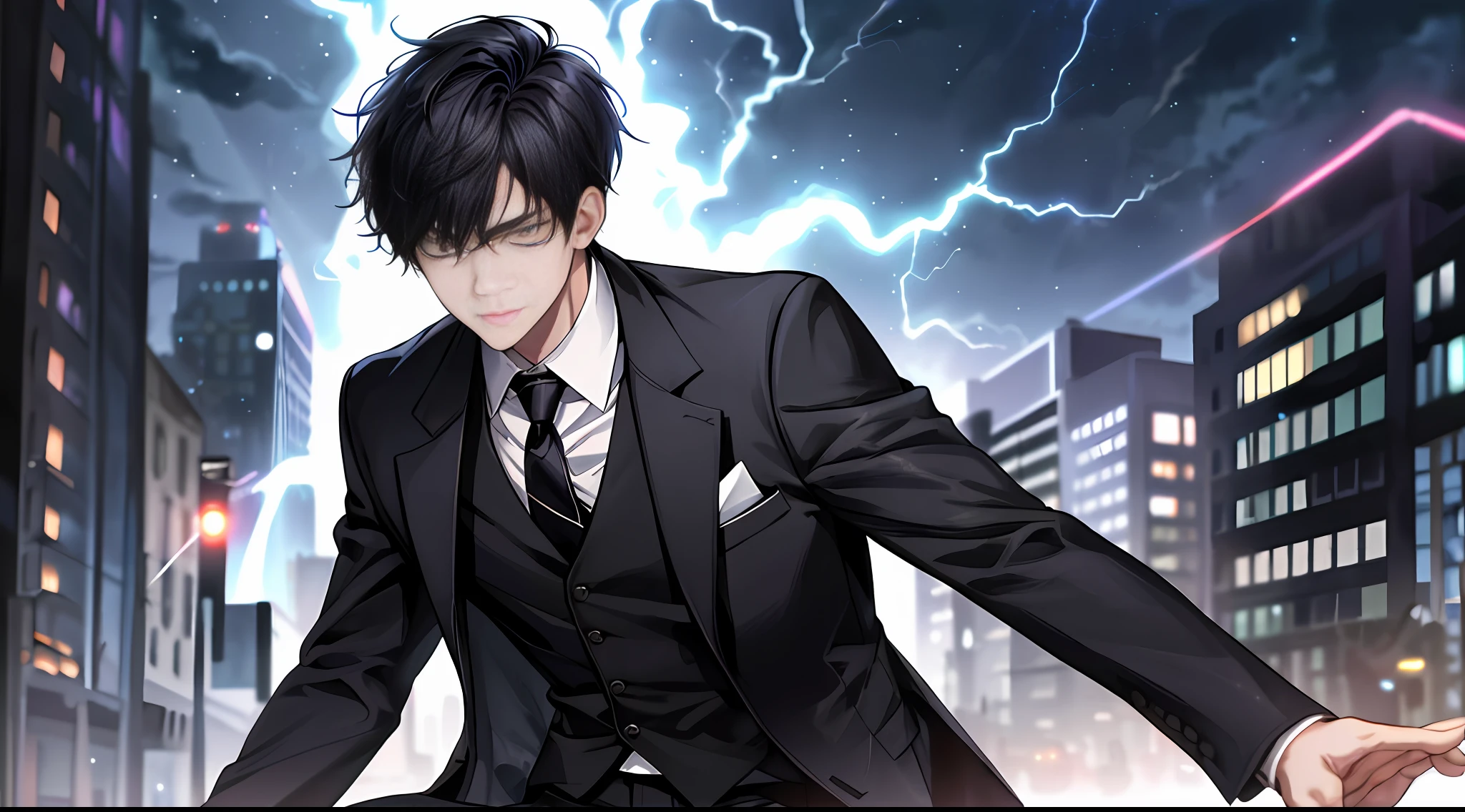 1boy, face focus, adult, black suit, jacket, white shirt, tie, pants, black hair, best quality, face detail, city, street, detail background, depth of field, background blur, starry sky, darkness, lightning, zombie