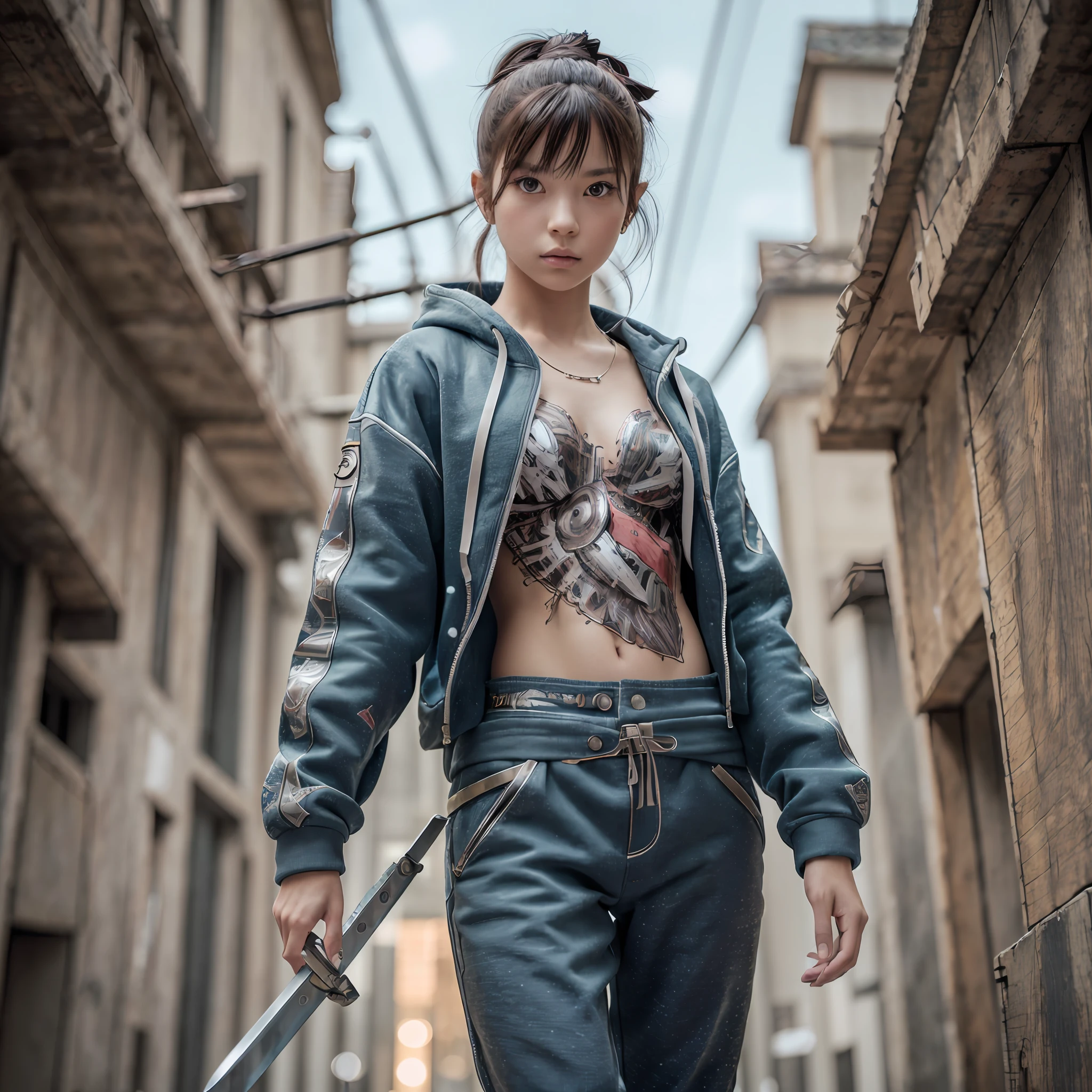 ((best quality,8k, masterpiece)),((highly detailed)),((anatomically correct)),((sharp image)), a girl,wearing sweatshirt, open jacket, pants, holding a sword in battle pose, --auto --s2