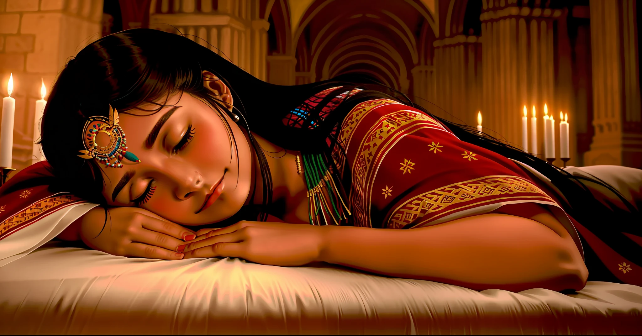 closeup of a young Native American woman, LYING DOWN, HAPPY AND MEDITATING, in a traditional dress and headwear at night in a deserted cathedral, (photography, photorealistic:1.3), (masterpiece:1.1), dark lighting, low lighting, intricate, detailed, skin pores, facial tattoo