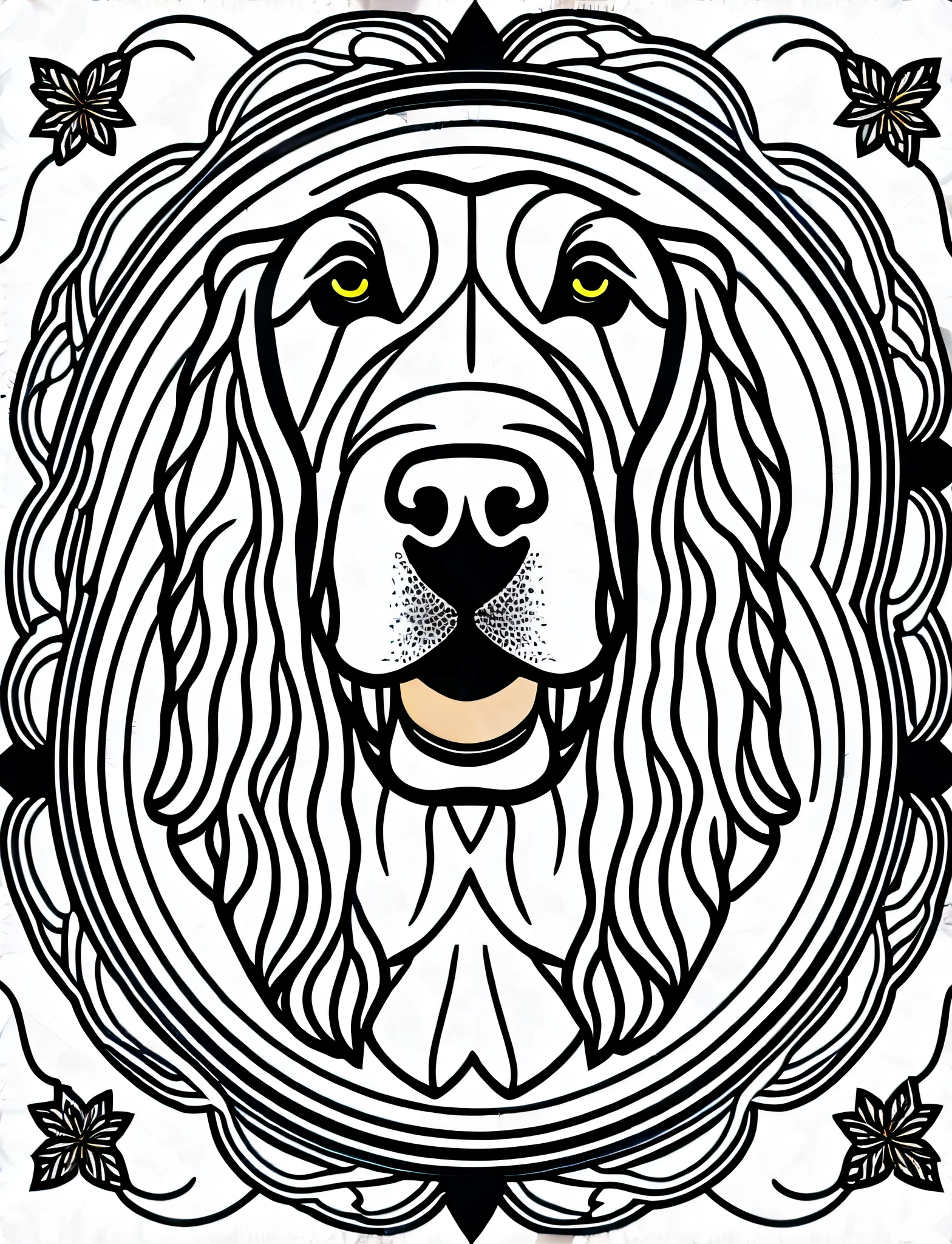 a Basset Griffon style dog of Vendée, fantasy, magical, mandala, happy, black and white, equal wavy lines, realistic line art drawing, coloring book page, no noise, sharp thick lines, contour art, centered image, isolated on a white background