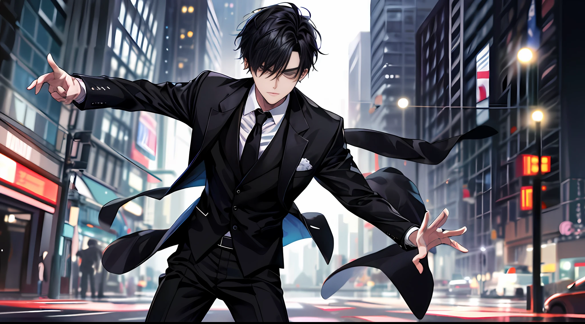 1boy, face focus, adult, black suit, jacket, white shirt, tie, pants, black hair, best quality, face detail, city, street, detail background, depth of field, background blur, starry sky, darkness, lightning, zombie