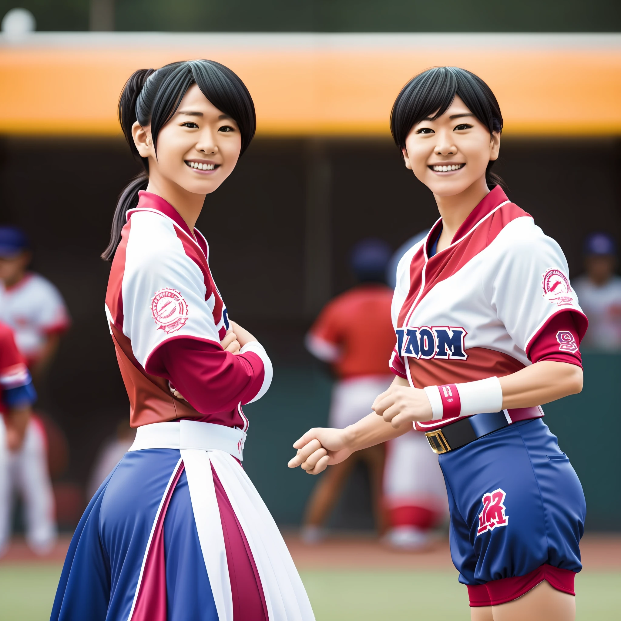 Sun Ham,Japan Ham Fighters,Fox Dance,Hokkaido,Baseball Cosplay, Baseball Stadium, Escon Field,Baseball Uniform, Smile, 1girl, Detailed Uniform, Look Viewer, (SIGMA 85mm F1.4), Depth of Field, Bokeh, Detailed Photographic Background, Diffused Natural Sunlight, Diffuse Natural Skin Luminance, Summer, Photography Realistic Photography, Photography