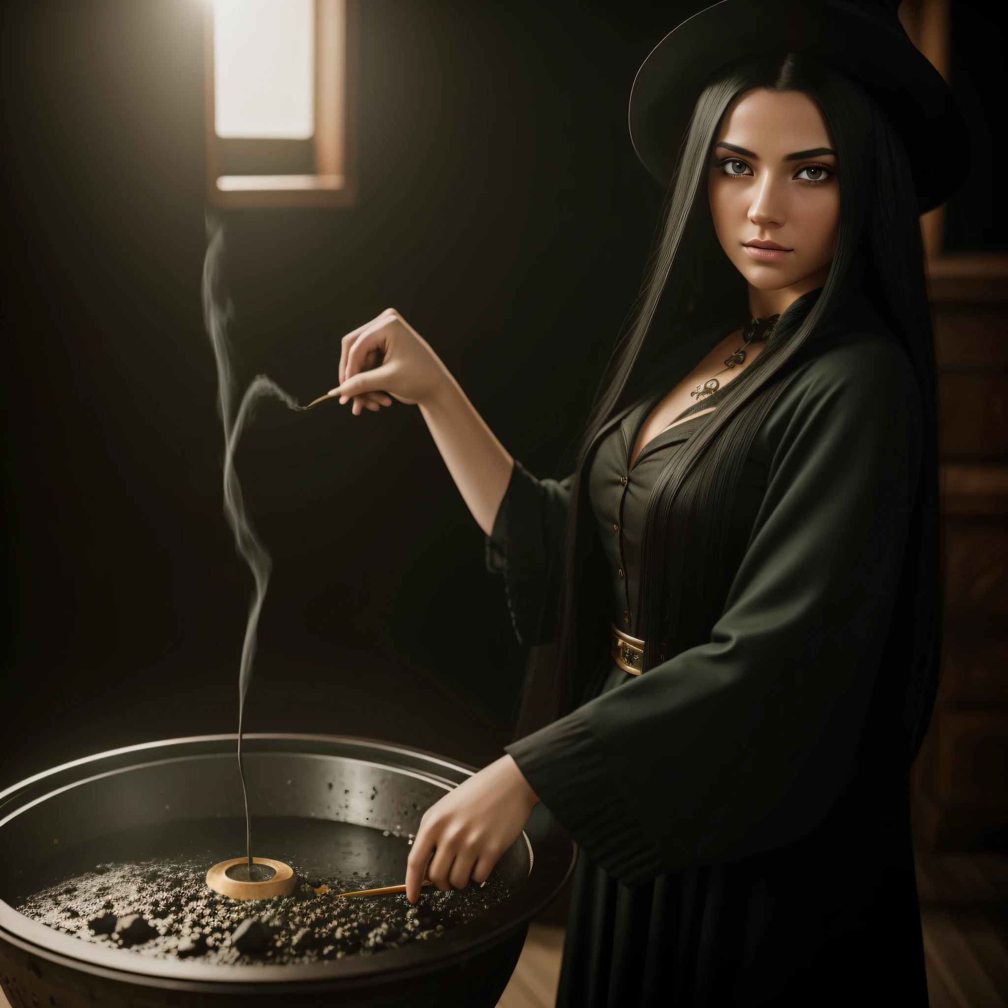 (Professional Photo), A beautiful young woman with long black hair dressed as a Witch brewing potions in an iron cauldron, green eyes, 22 years old, full body photo, photography, realistic face, extremely detailed natural texture, nikon d850 film stock photography, kodak portra 400 camera f1.6 lens, extremely detailed, amazing, fine details, hyper realistic texture, dramatic lighting, unrealengine, trend at artstation, cinestill 800 tungsten, looking at the viewer, realistic photo, RAW photo, TanvirTamim, high quality, highres, sharp focus, extremely detailed, cinematic lighting, 8k uhd,