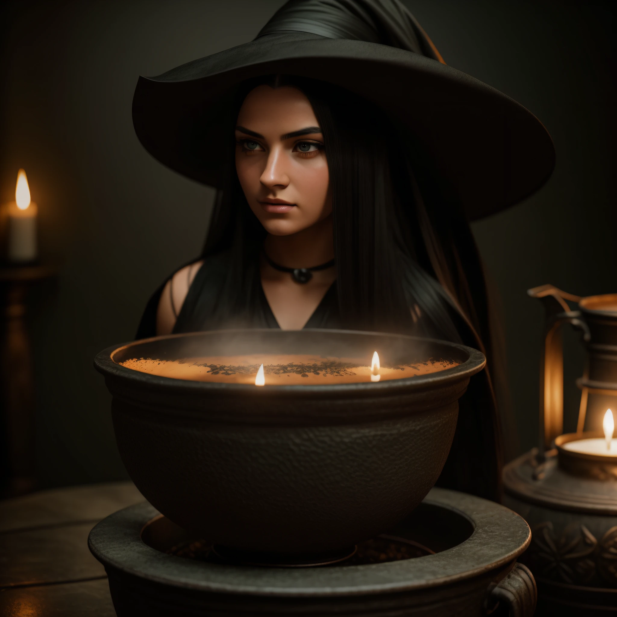 (Professional Photo), A beautiful young woman with long black hair dressed as a Witch brewing potions in an iron cauldron, green eyes, 22 years old, full body photo, photography, realistic face, extremely detailed natural texture, nikon d850 film stock photography, kodak portra 400 camera f1.6 lens, extremely detailed, amazing, fine details, hyper realistic texture, dramatic lighting, unrealengine, trend at artstation, cinestill 800 tungsten, looking at the viewer, realistic photo, RAW photo, TanvirTamim, high quality, highres, sharp focus, extremely detailed, cinematic lighting, 8k uhd,