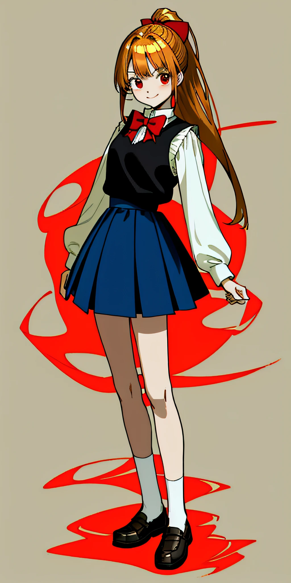(Masterpiece, Best Quality), (Masterpiece, Excellent, 1girl, Intricate Details), Manga Style, 154cm, Lori, Golden Hair, Red Bow Tie, Long Ponytail, Red Eyes, A Suspended Dull Hair on the Top of the Head, White Long-sleeved Shirt, Black Sleeveless Sweater, Dark Blue Short Skirt, White Socks, Red Casual Shoes, Gentle Eyes, Perfect Symmetrical Figure, Looking at the Audience, Light Smile, (((Cheerful, Gentle)), (No Background)